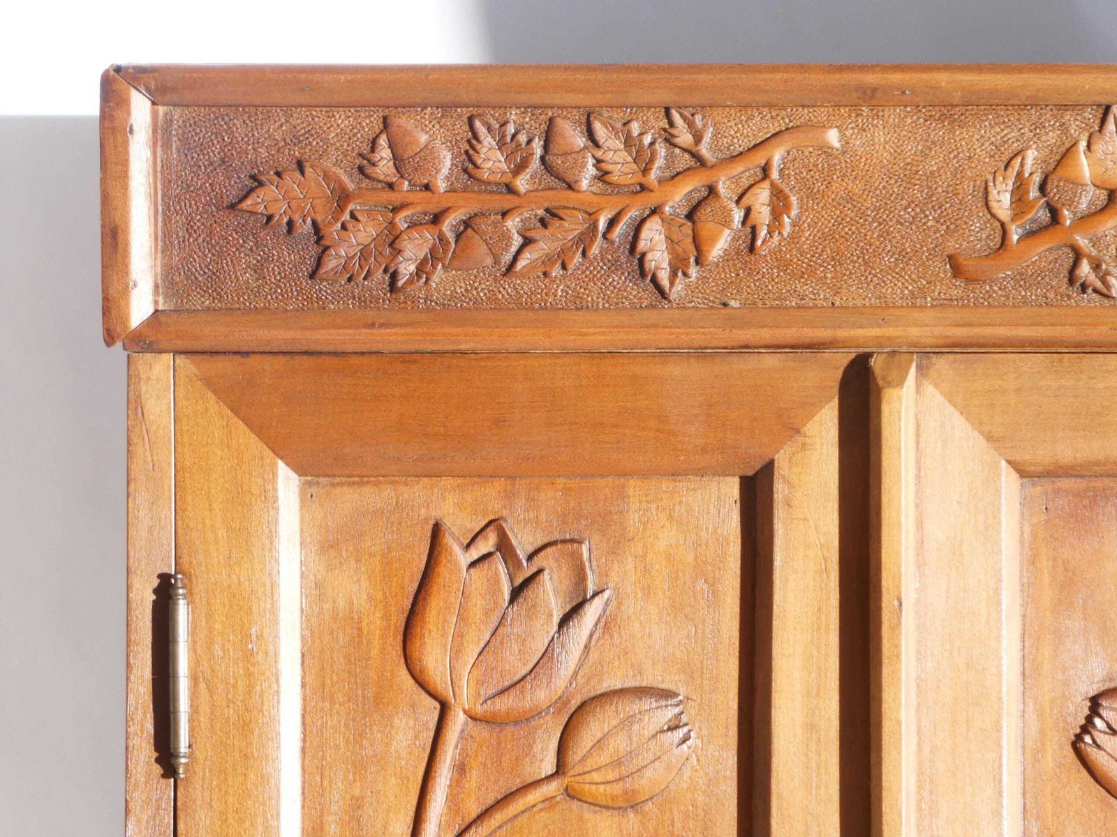 Antique Art Nouveau Carved Cabinet With Floral Details, Wooden Wall Chest, Medicine Cabinet, Apothecary With Tulips photo Furniture