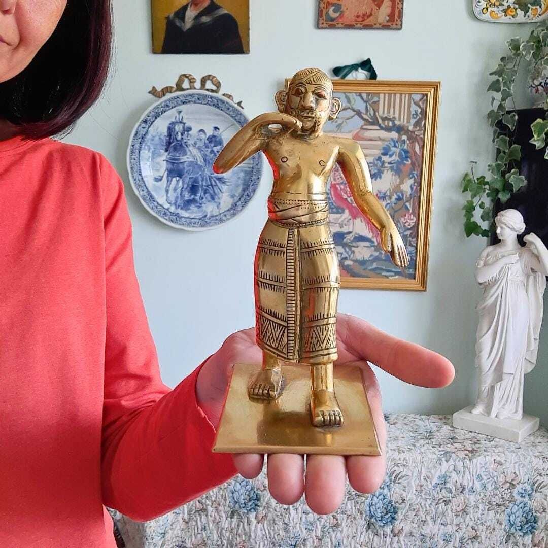 Mid Century Indian Solid Brass Folk Style Statue Of A Raj's Soldier Copper Eyes H 6.5'' Unique photo furniture