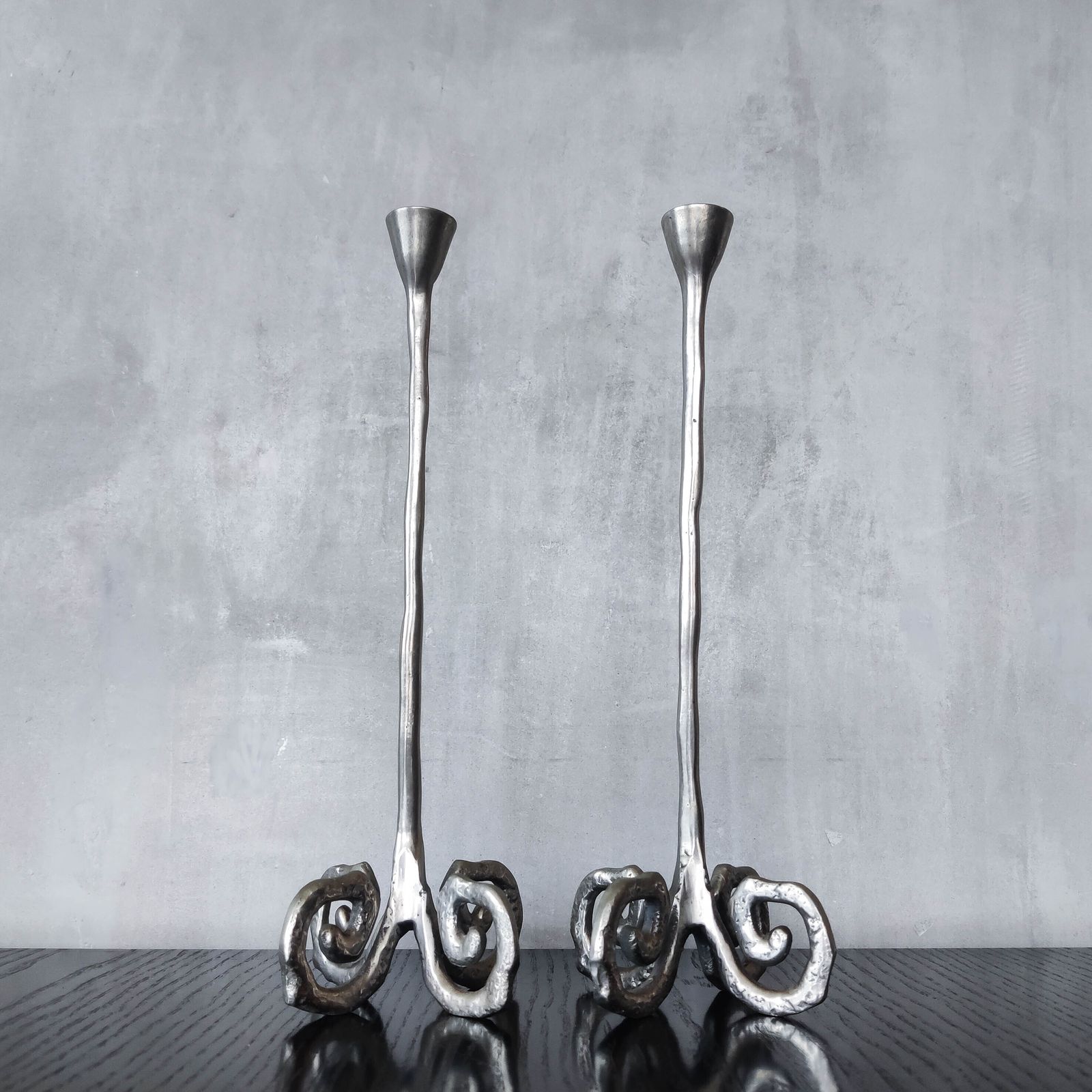 Pair Of Vintage Cast Aluminium Candle Holders With Spiral Feet photo for sale