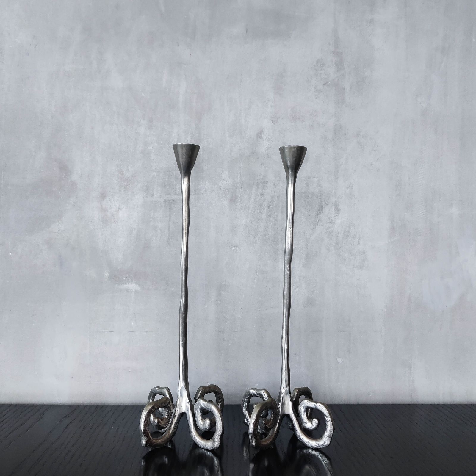 Pair Of Vintage Cast Aluminium Candle Holders With Spiral Feet photo 120.0