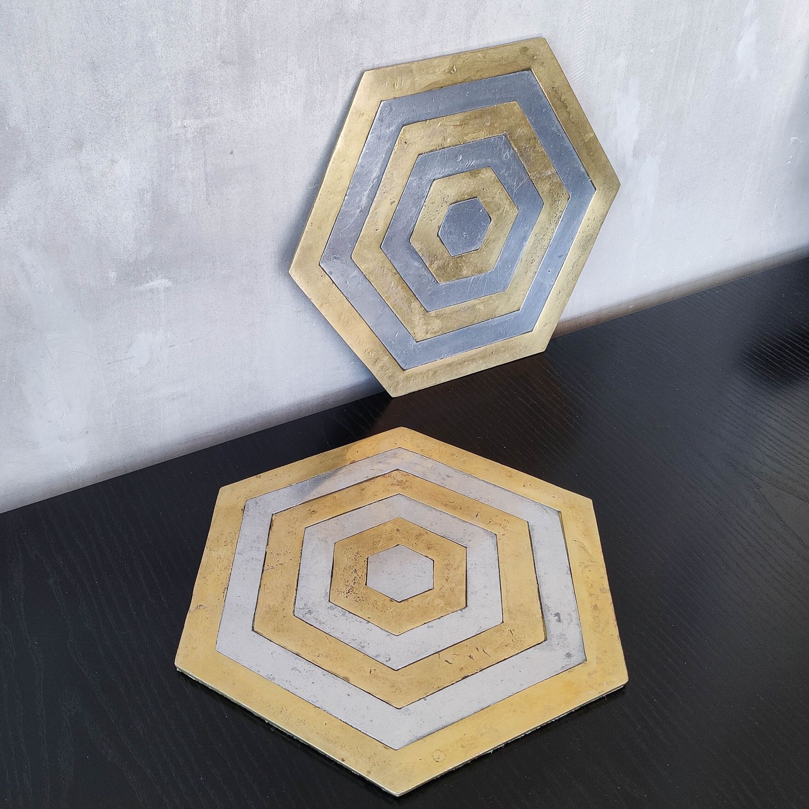 Pair Of David Marshall Brutalist 1980s Large Hand Cast Brass And Aluminium Large Trivets/Trays photo 480.0