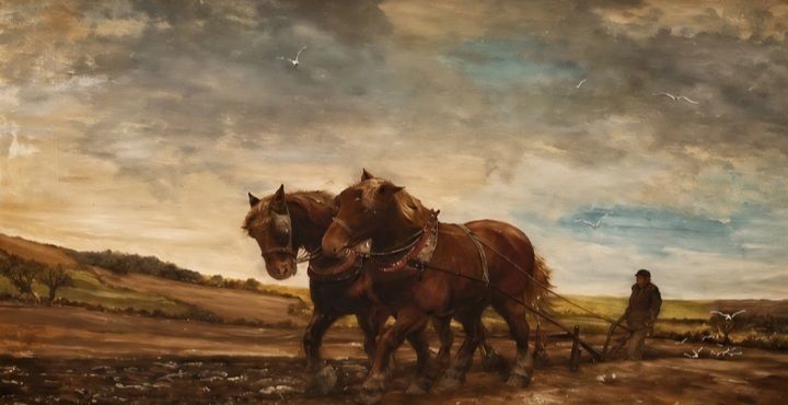 Massive Signed Oil Painting Working Horses Farm Scene J.E.R Godderidge photo furniture