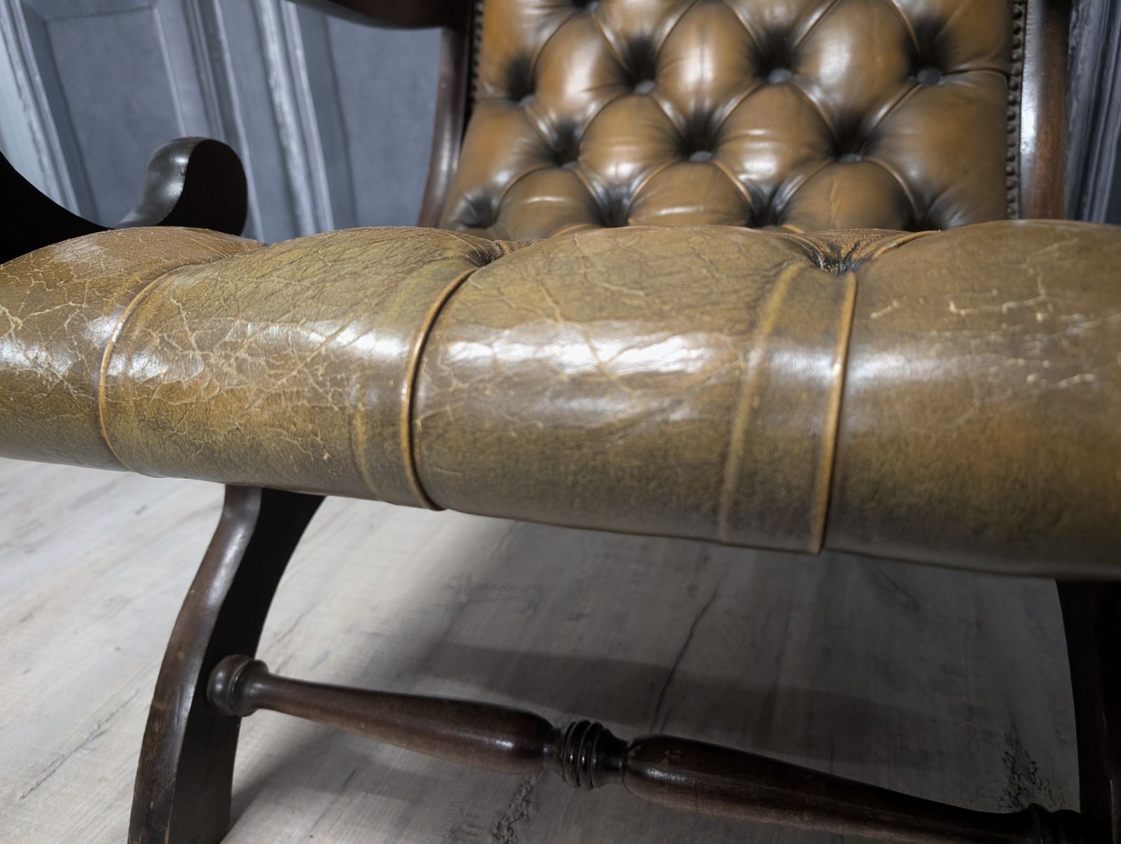 Vintage English Chesterfield Armchair Green Leather Club Chair 1970s photo vintage