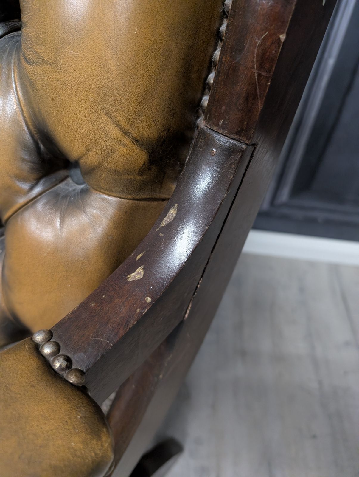 photo buy Vintage English Chesterfield Armchair Green Leather Club Chair 1970s