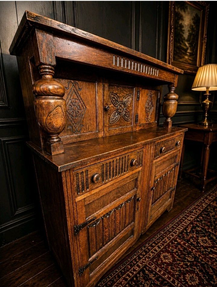 Rare Carved Oak Welsh Dresser Cabinet Vintage Large Uk Delivery photo for sale