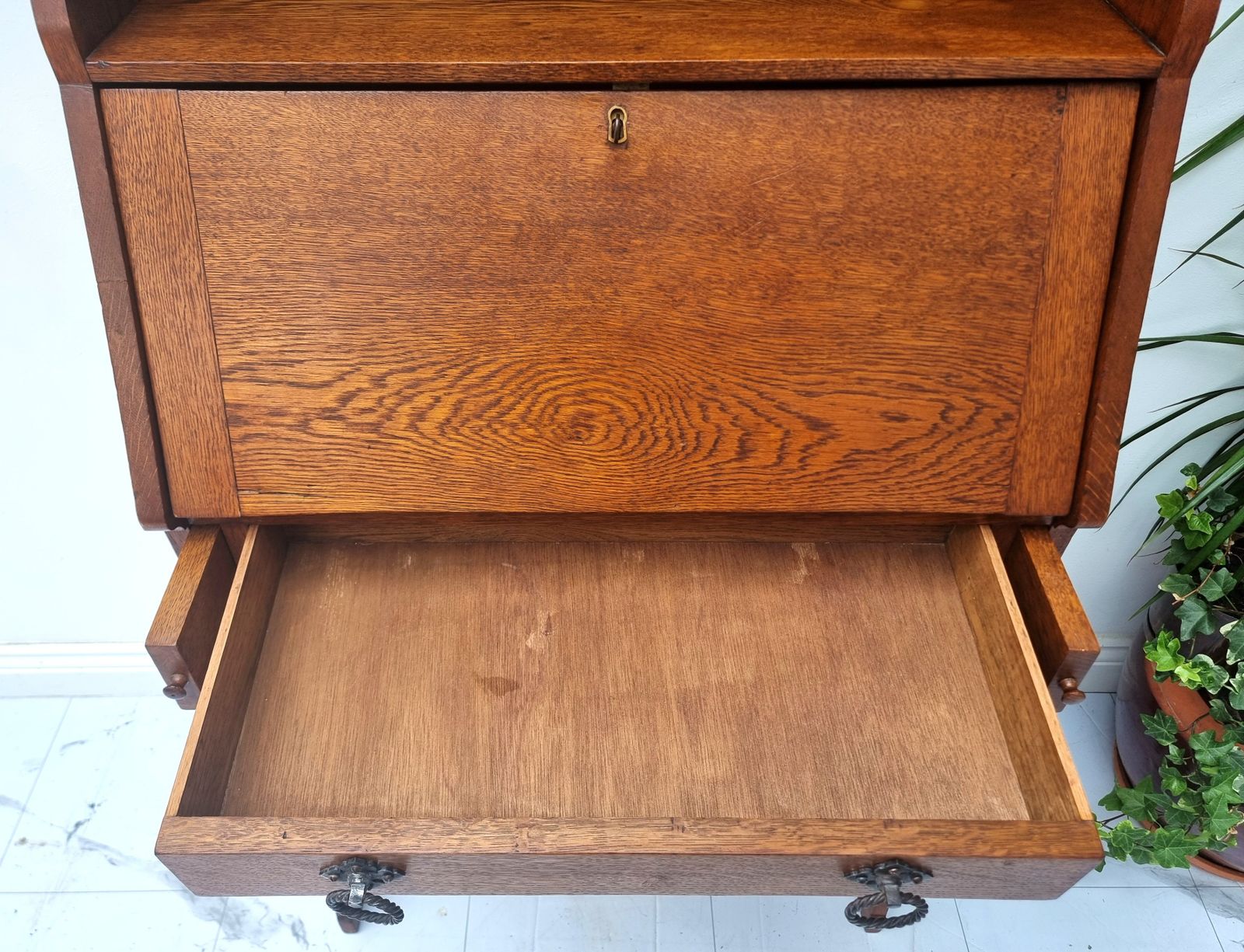 550.0 Arts & Crafts Oak Bureau Tall Bookcase Secretaire Writing Desk photo