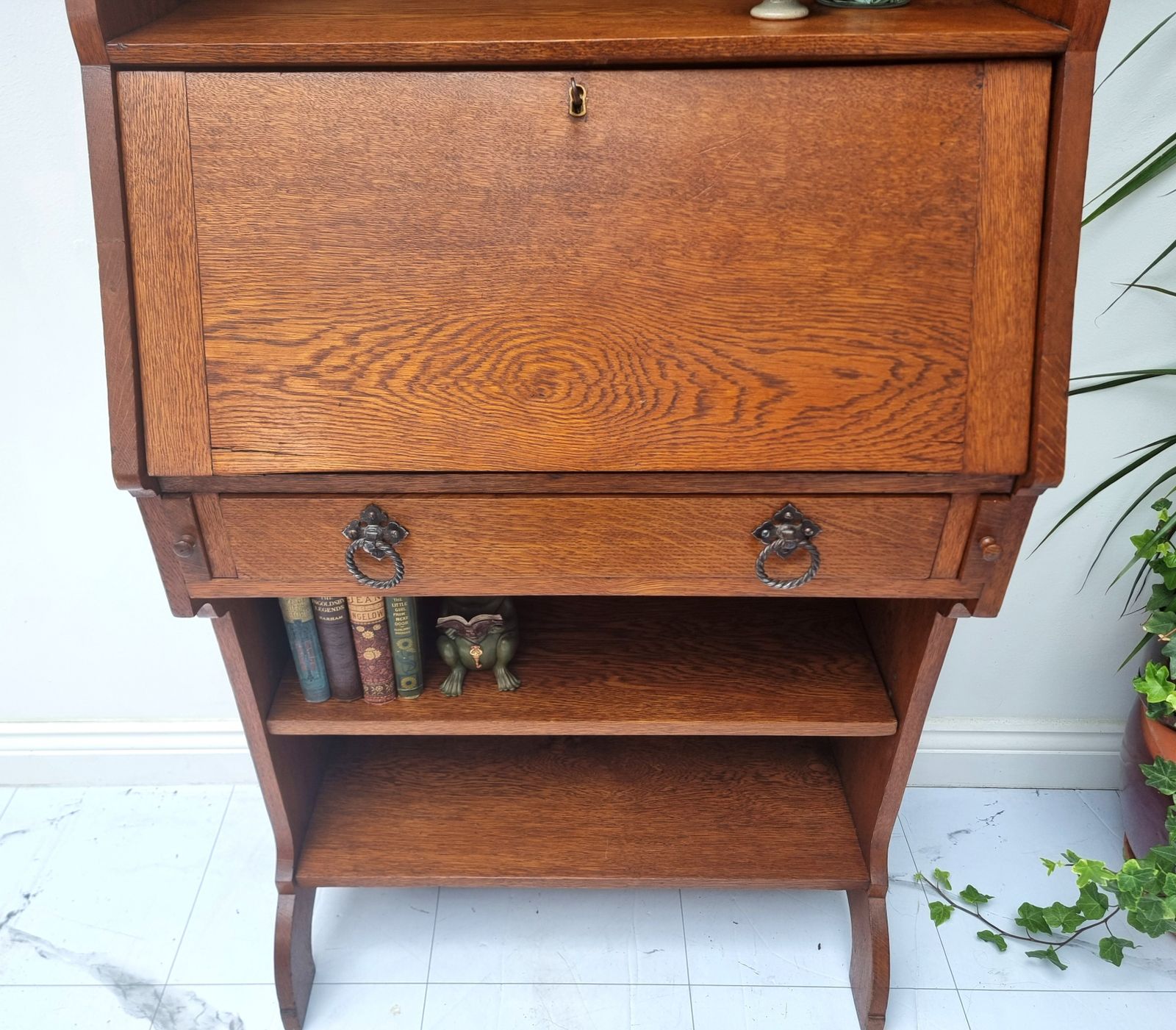 photo vinterior Arts & Crafts Oak Bureau Tall Bookcase Secretaire Writing Desk