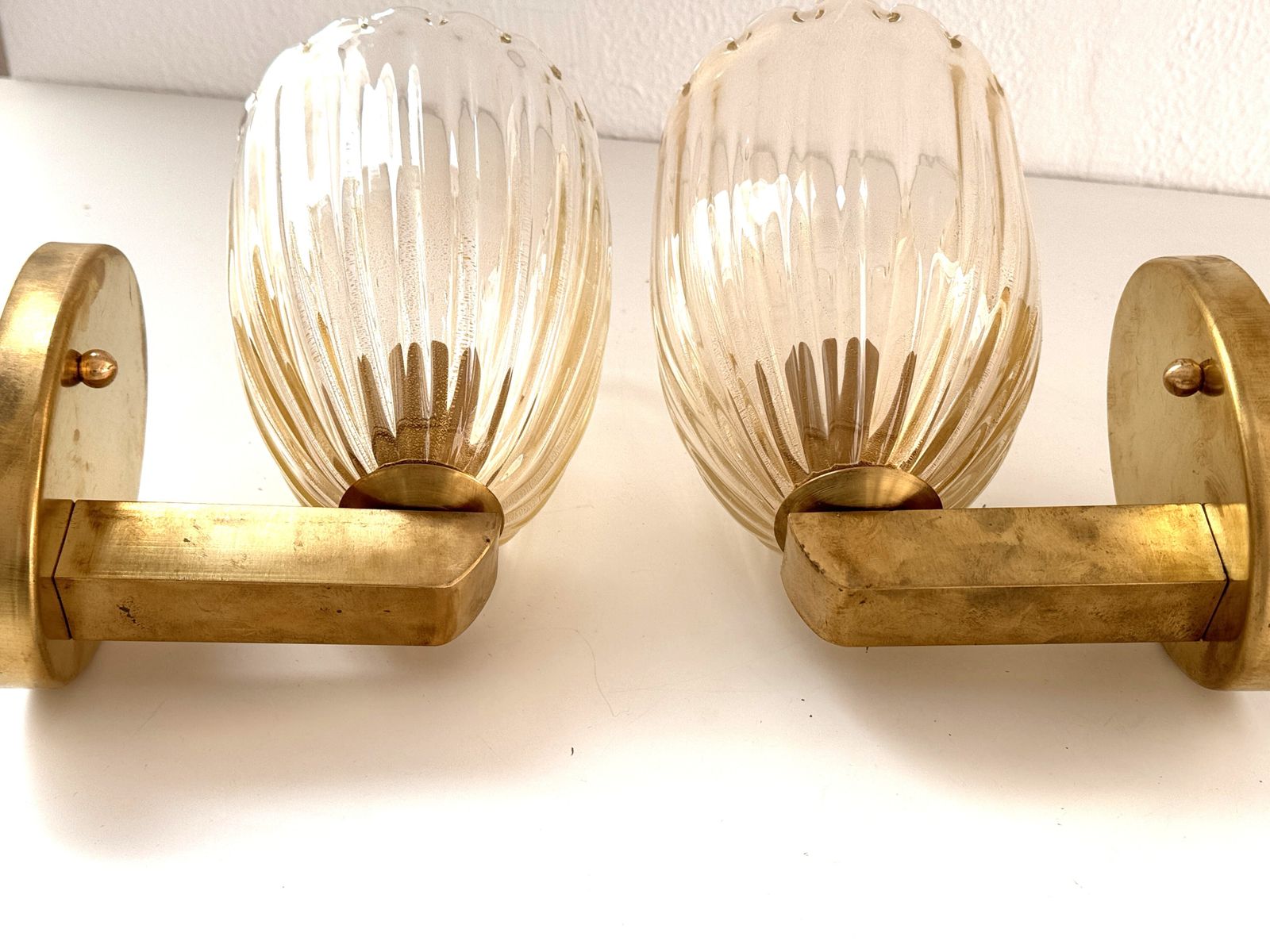 photo vinterior Italian Brass And Murano Glass Wall Lights Or Sconces In Art Deco Style, 1990s