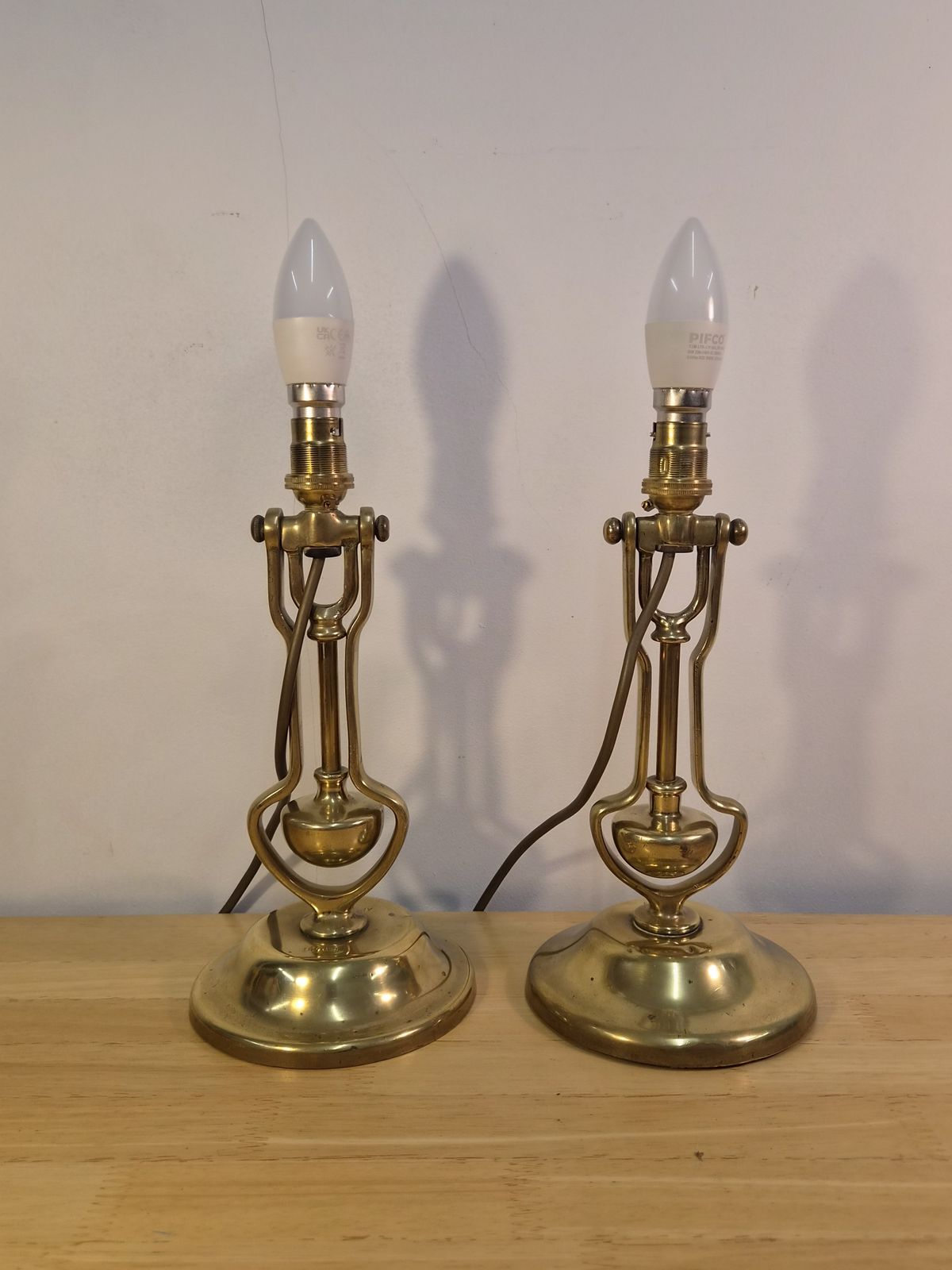 photo for sale Matched Pair Of Antique Brass Maritime Gimbal Wall Sconces Or Table Lamps  Playmit & Mcgeoch