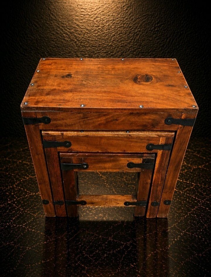 Handmade Solid Wood Nest Of 3 Tables Industrial Side End Lamp Table Set photo furniture