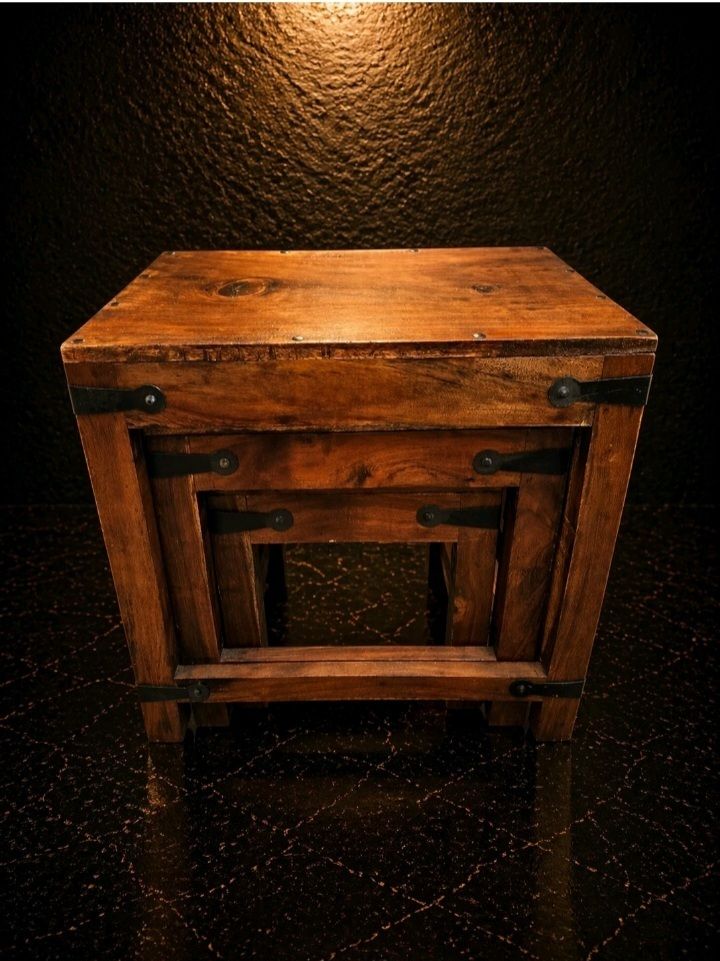Handmade Solid Wood Nest Of 3 Tables Industrial Side End Lamp Table Set photo vinterior