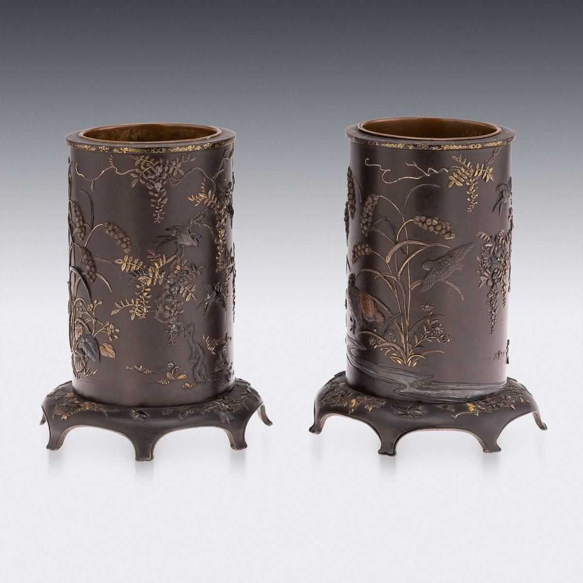 Antique 19thc Japanese Meiji Period Pair Of Inlaid Bronze Cylindrical Brushpots photo Home Decor