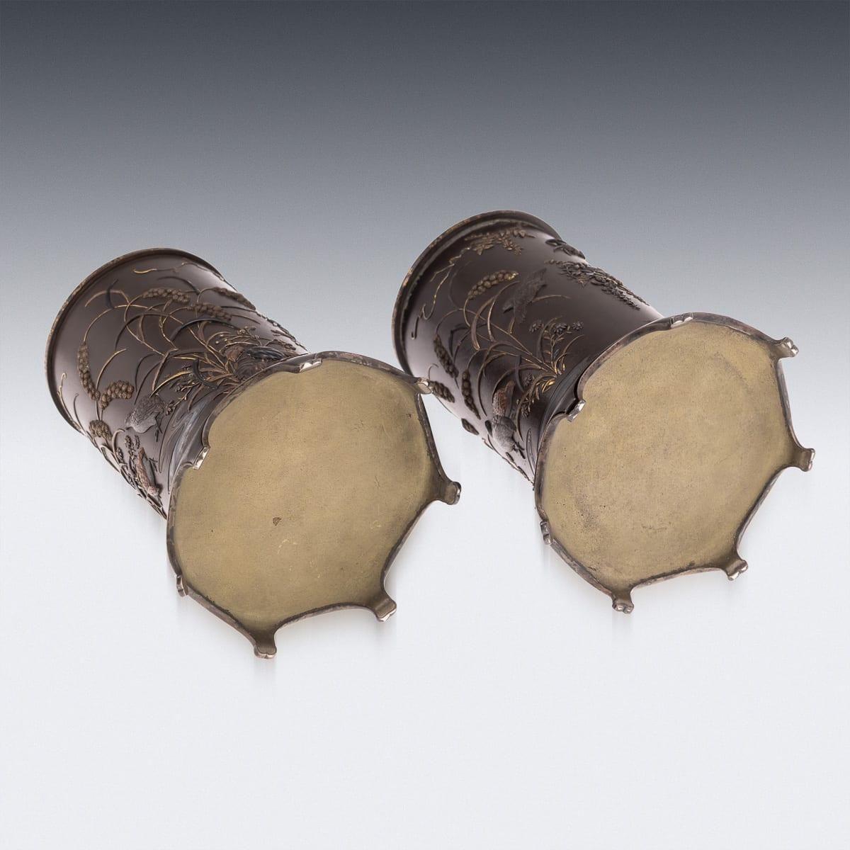 Antique 19thc Japanese Meiji Period Pair Of Inlaid Bronze Cylindrical Brushpots photo vintage