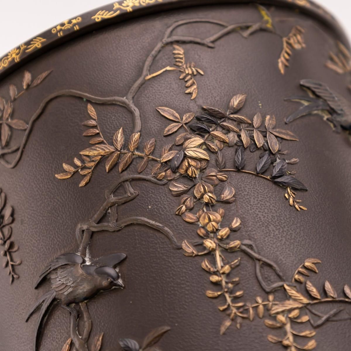 photo for sale Antique 19thc Japanese Meiji Period Pair Of Inlaid Bronze Cylindrical Brushpots