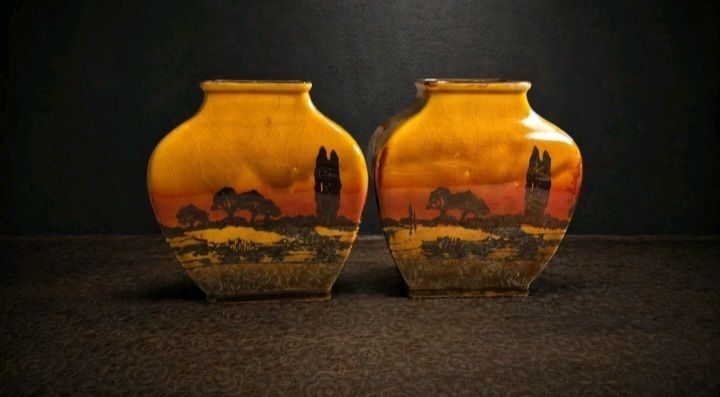Stunning Pair Royal Doulton Vases Sunset Landscape Art Deco England Rare