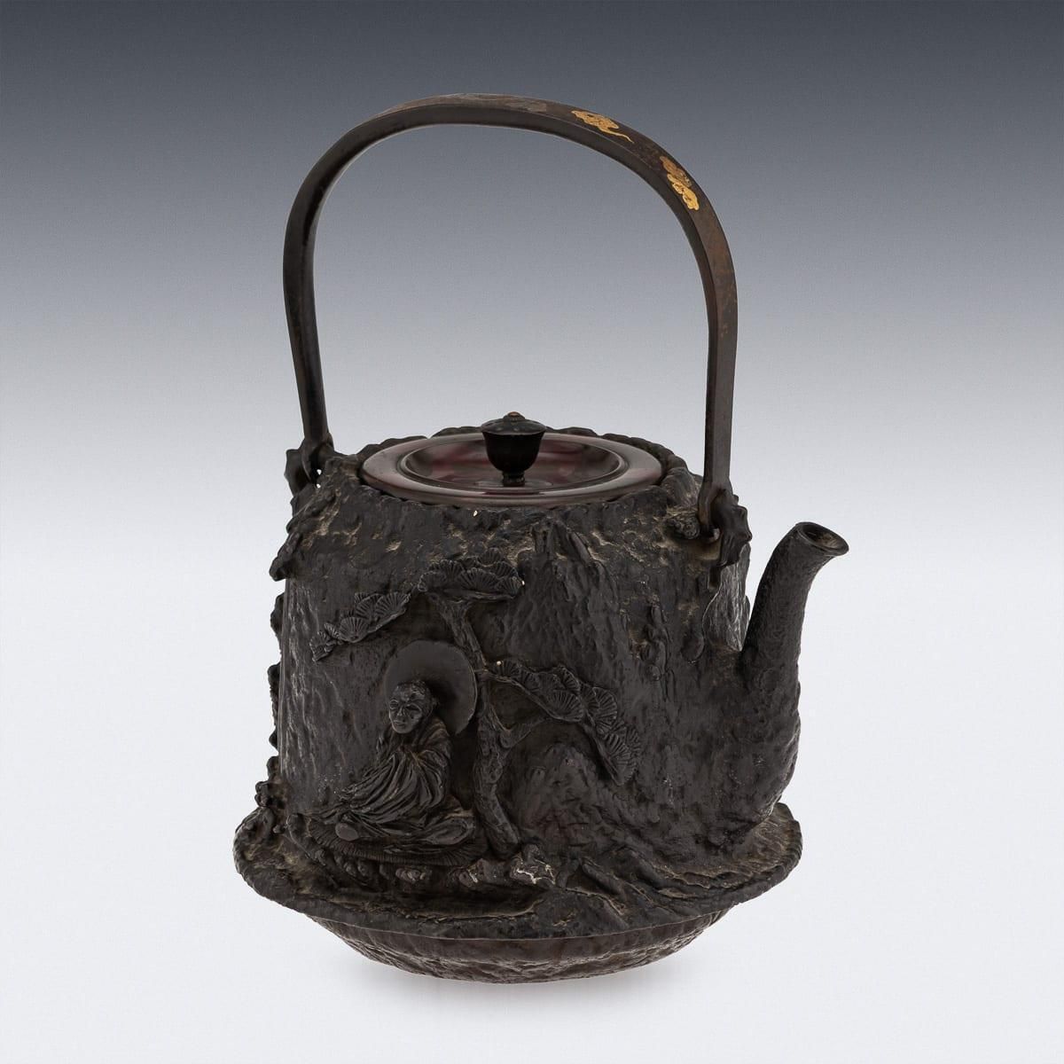Antique 19thc Japanese Cast Iron 'Seiryudoa' Carved Tetsubin Kettle C.1890 photo for sale