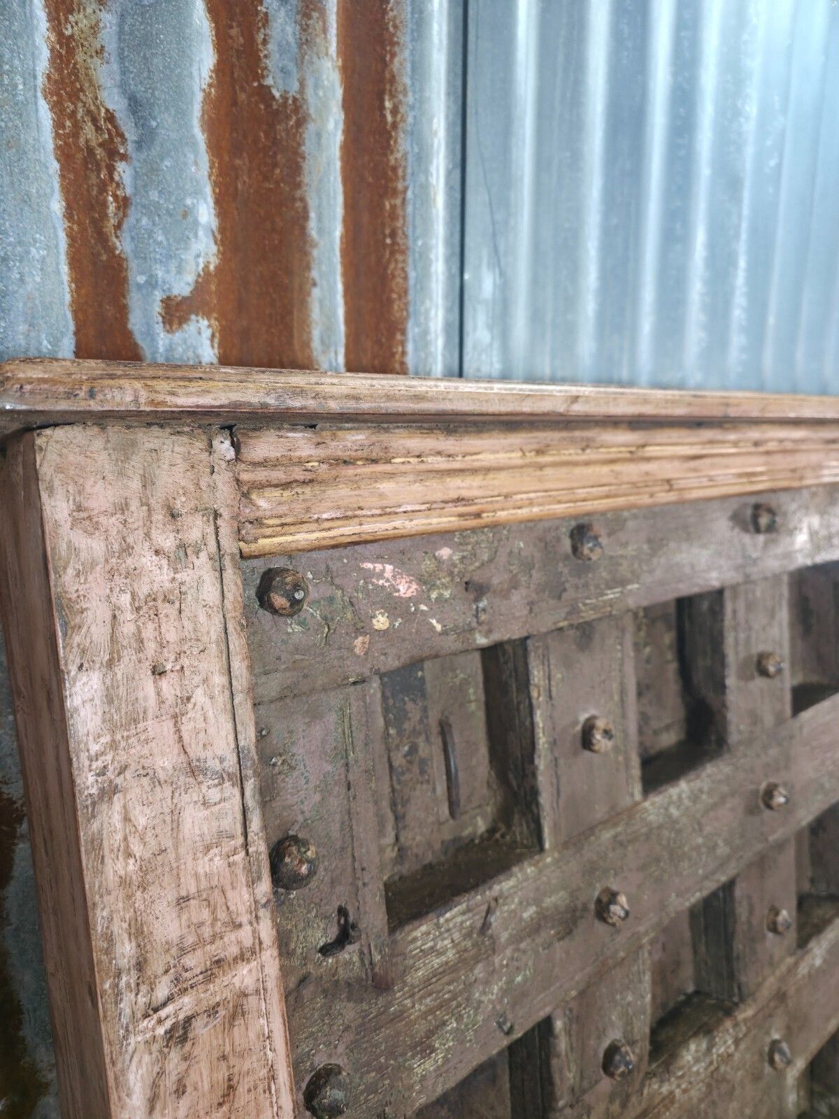 Antique Vintage Rustic Reclaimed Indian Wooden King Size Double Bed Headboard photo buy
