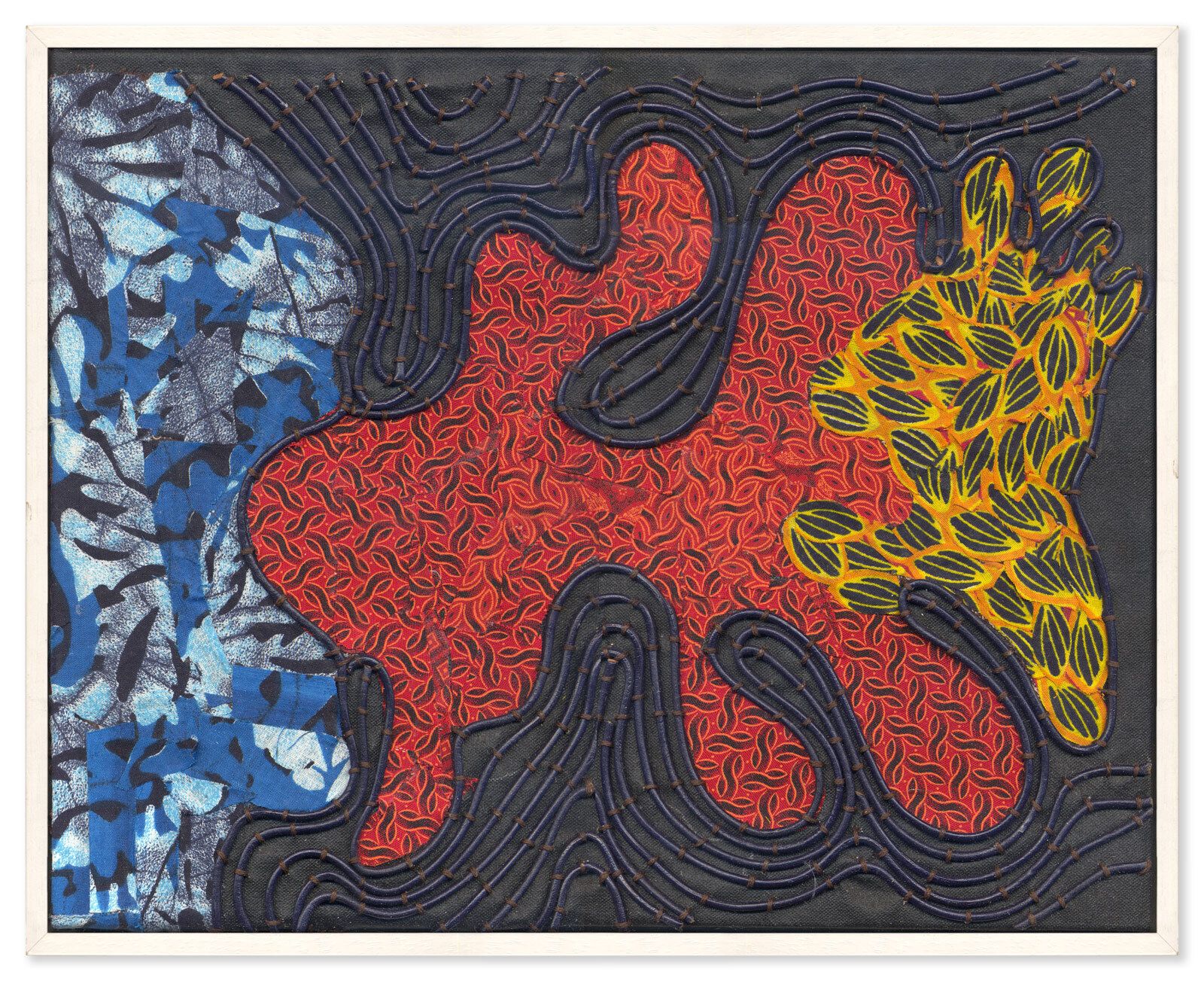 Gorgeous Original Framed Textile Collage By Important Mozambique Outsider Artist
