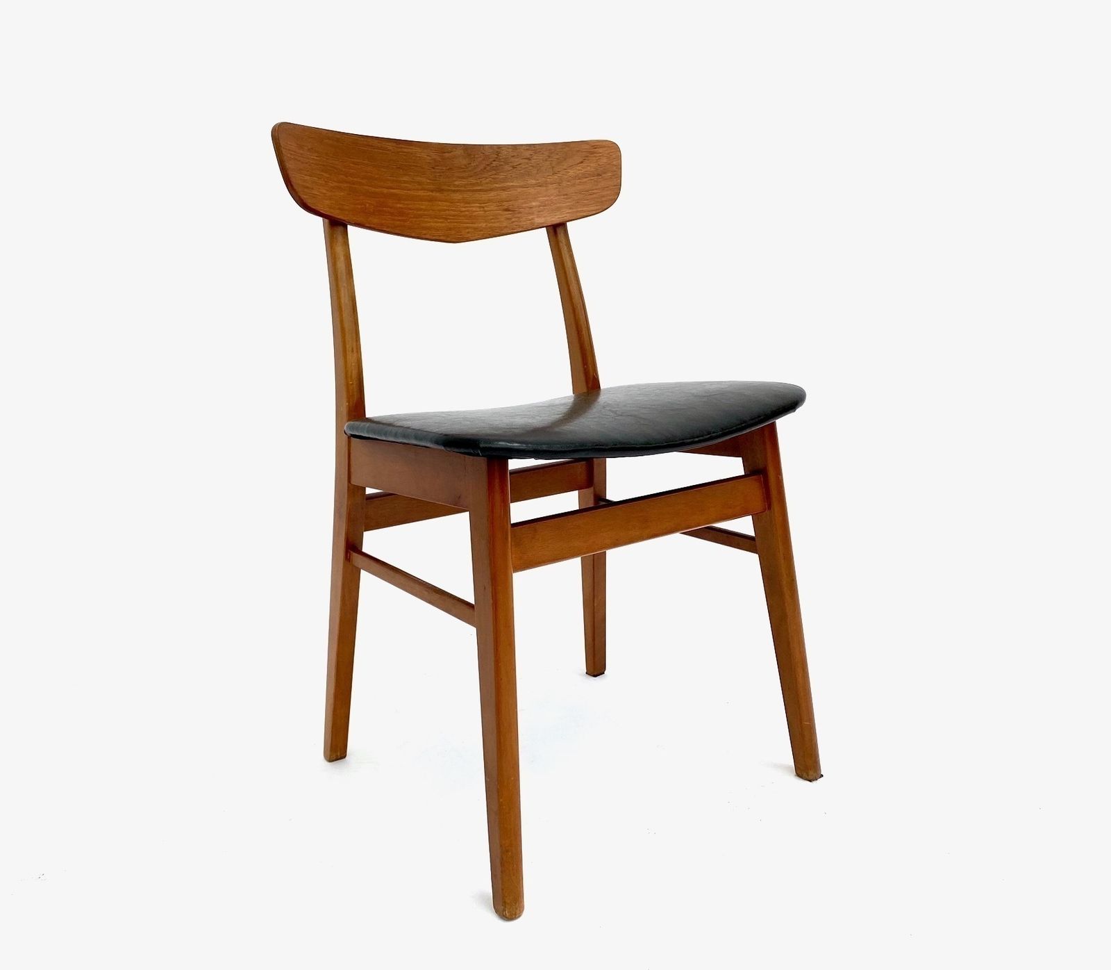 photo vinterior Danish Farstrup Set Of 6 Teak & Beech Black Vinyl Dining Chairs Mid Century 1960s