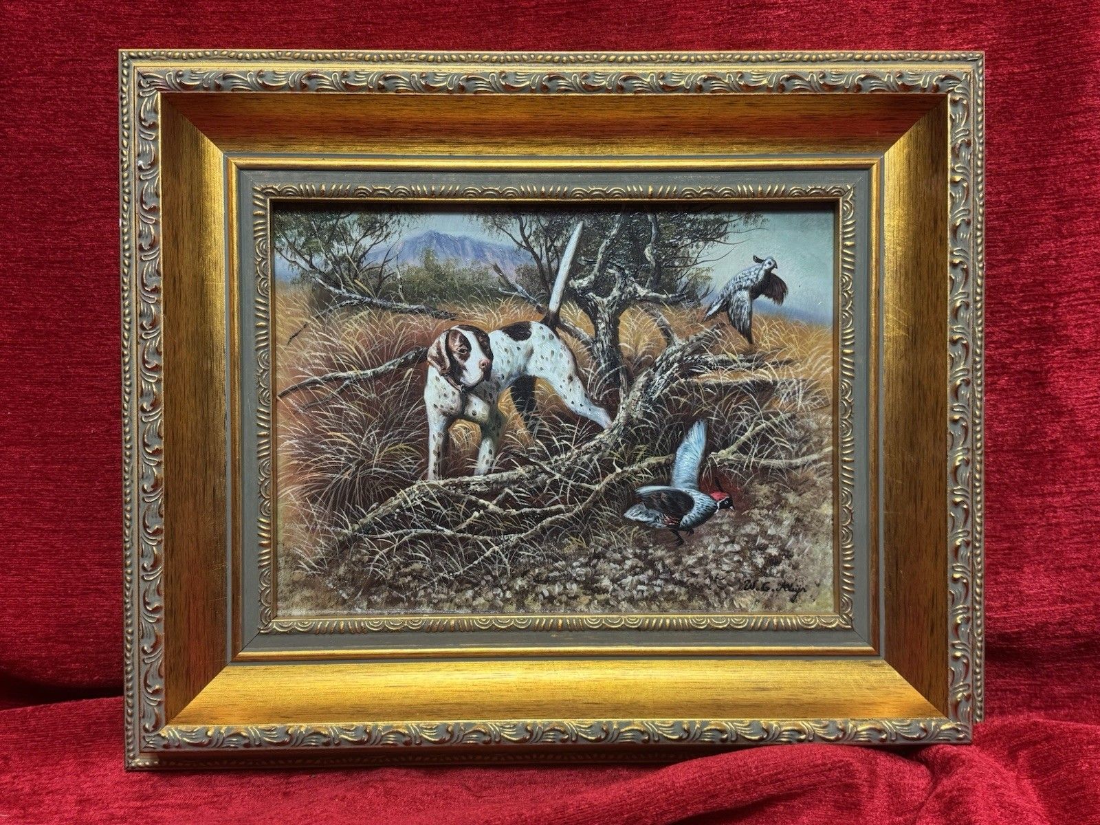 Country Landscape Pointer Hunting Dog Stalking Pheasants Oil Painting W G Keeyn