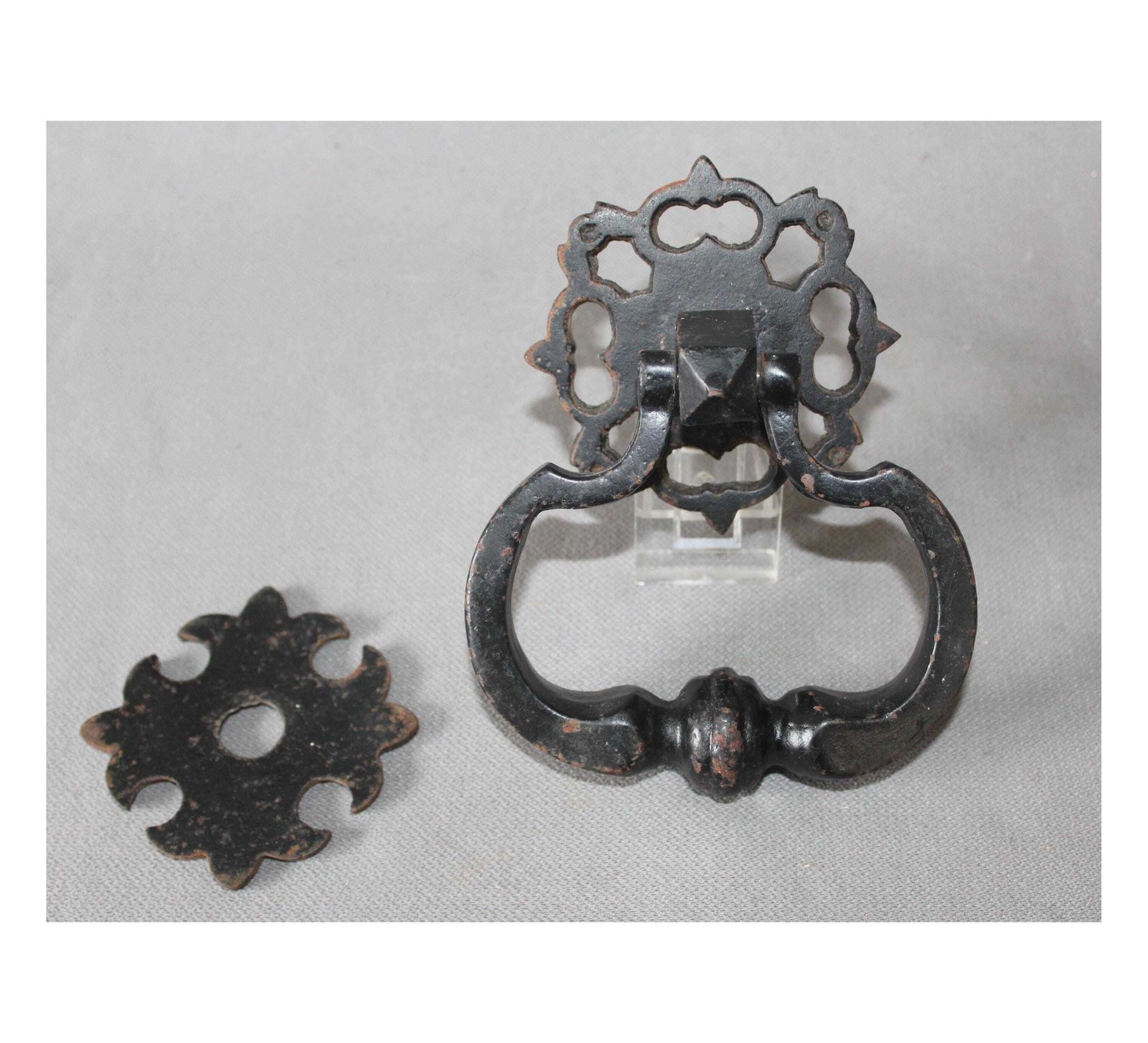 Large And Heavy Cast Iron Door Pull With Two Backplates, Gothic Style, External Door Knocker, Hardware Restoration, Entrance Rustic Country