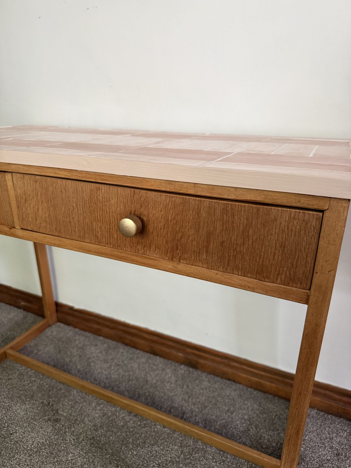 photo furniture Mid Century Herbert E. Gibbs Desk With Hand Tiled Pink Metro Top — One Of One