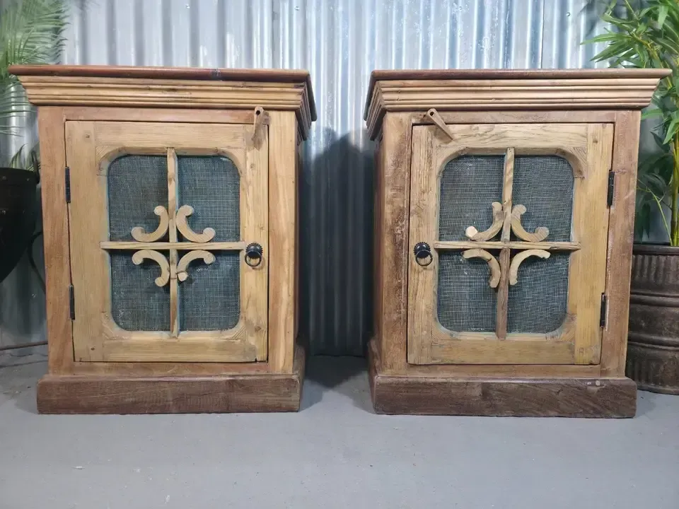 Vintage Reclaimed Pair Solid Wooden Indian Carved Bedside Cupboards Cabinets photo furniture