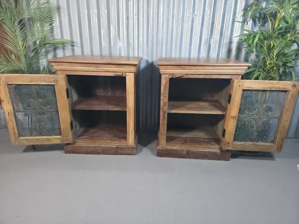 Vintage Reclaimed Pair Solid Wooden Indian Carved Bedside Cupboards Cabinets photo vinterior