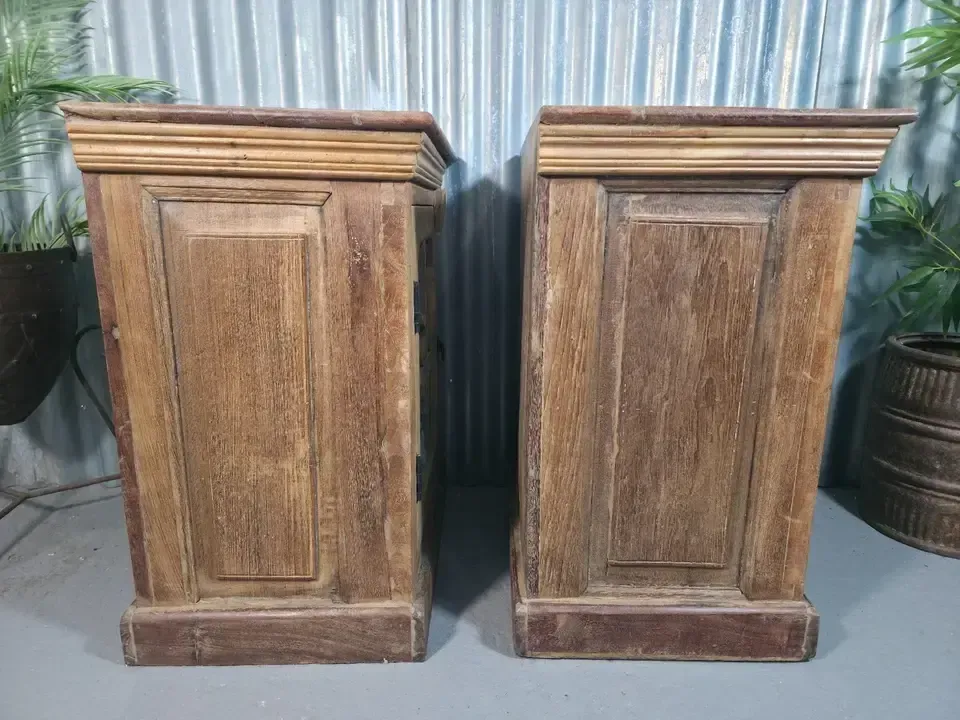 Vintage Reclaimed Pair Solid Wooden Indian Carved Bedside Cupboards Cabinets photo vintage