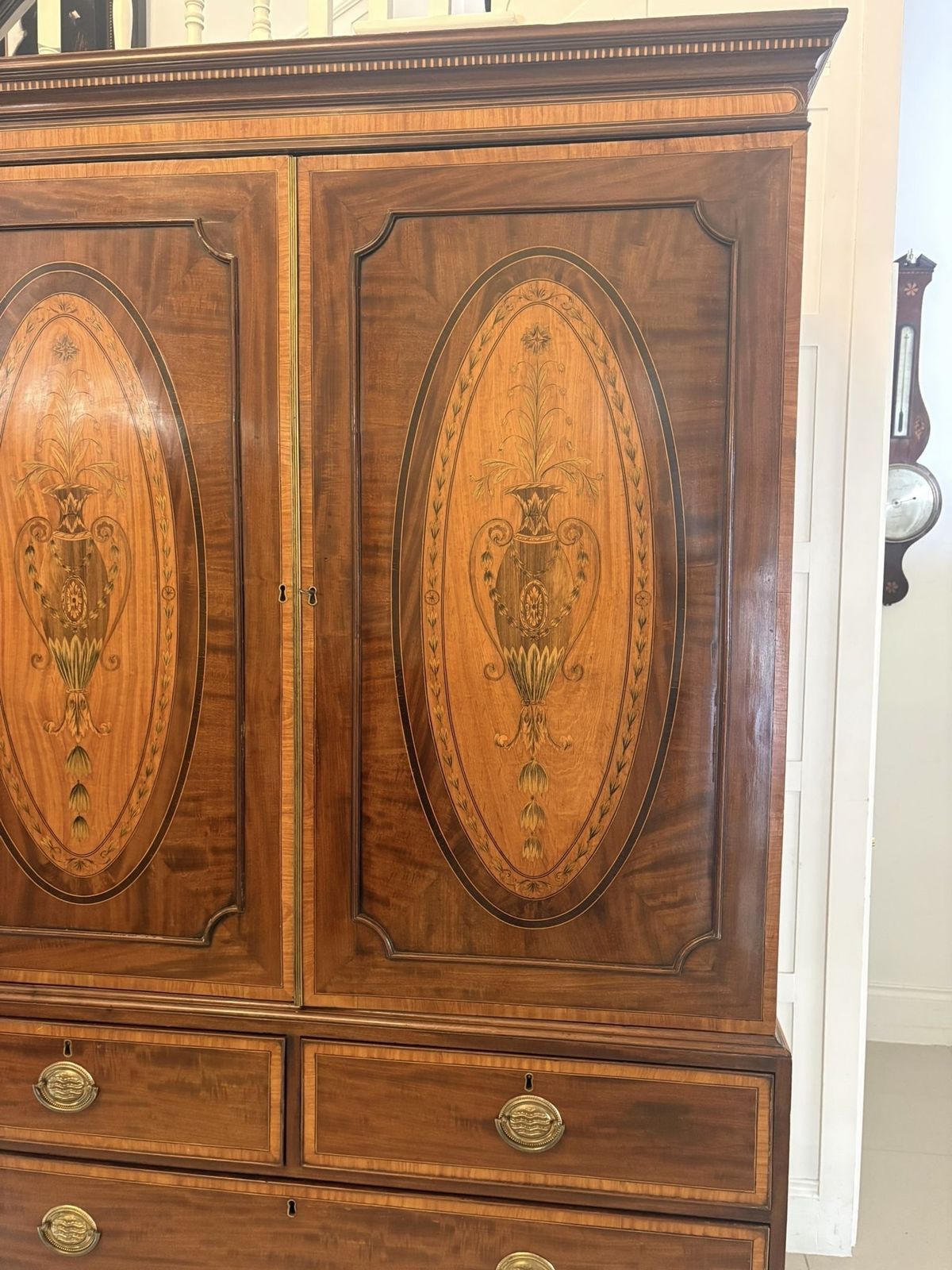 photo for sale Antique Mahogany Satinwood Inlaid Housekeepers Wardrobe