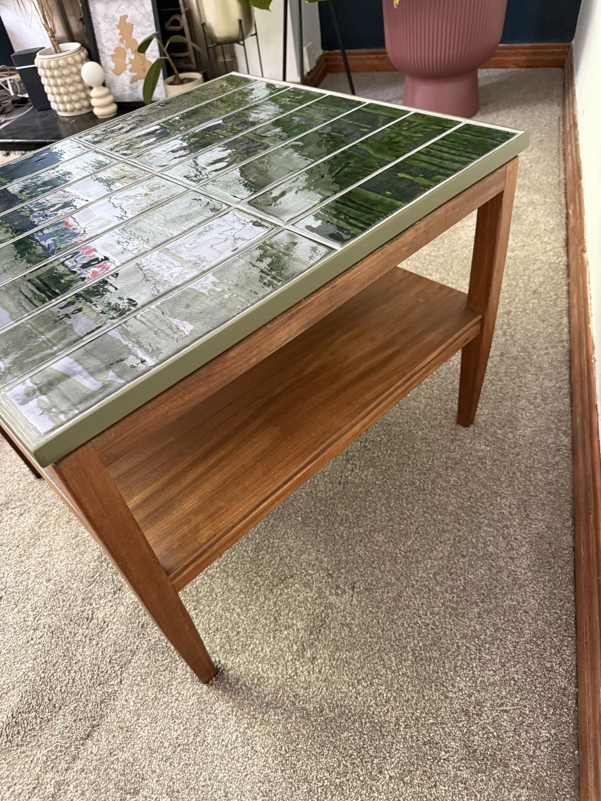 photo furniture Mid Century Coffee Table With Hand Tiled Emerald Green Moroccan Top — One Of One
