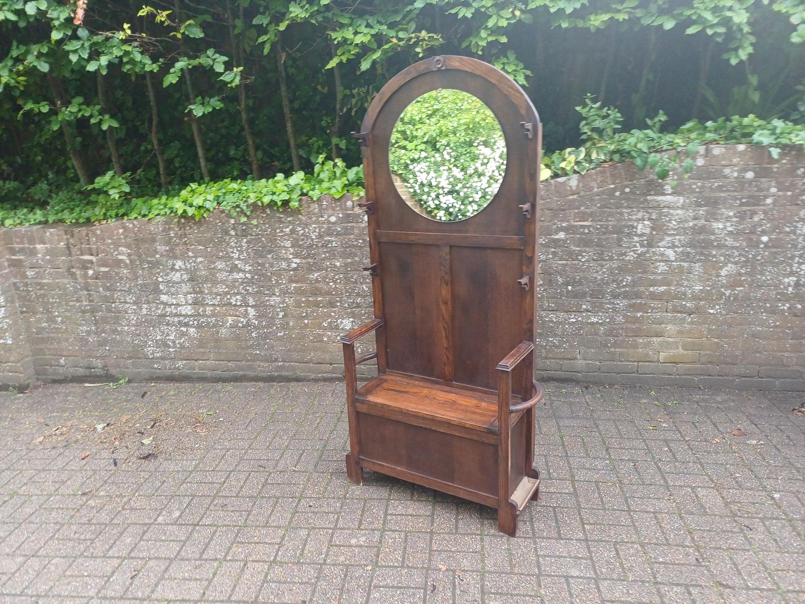 Antique Arts And Crafts Oak Hall Stand With Storage Seat Umbrella Trays Round Mirror Liberty Style C1910 1930 Vintage Free Hand Delivery