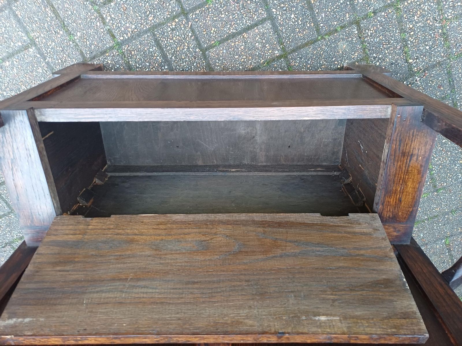 photo vinterior Antique Arts And Crafts Oak Hall Stand With Storage Seat Umbrella Trays Round Mirror Liberty Style C1910 1930 Vintage Free Hand Delivery