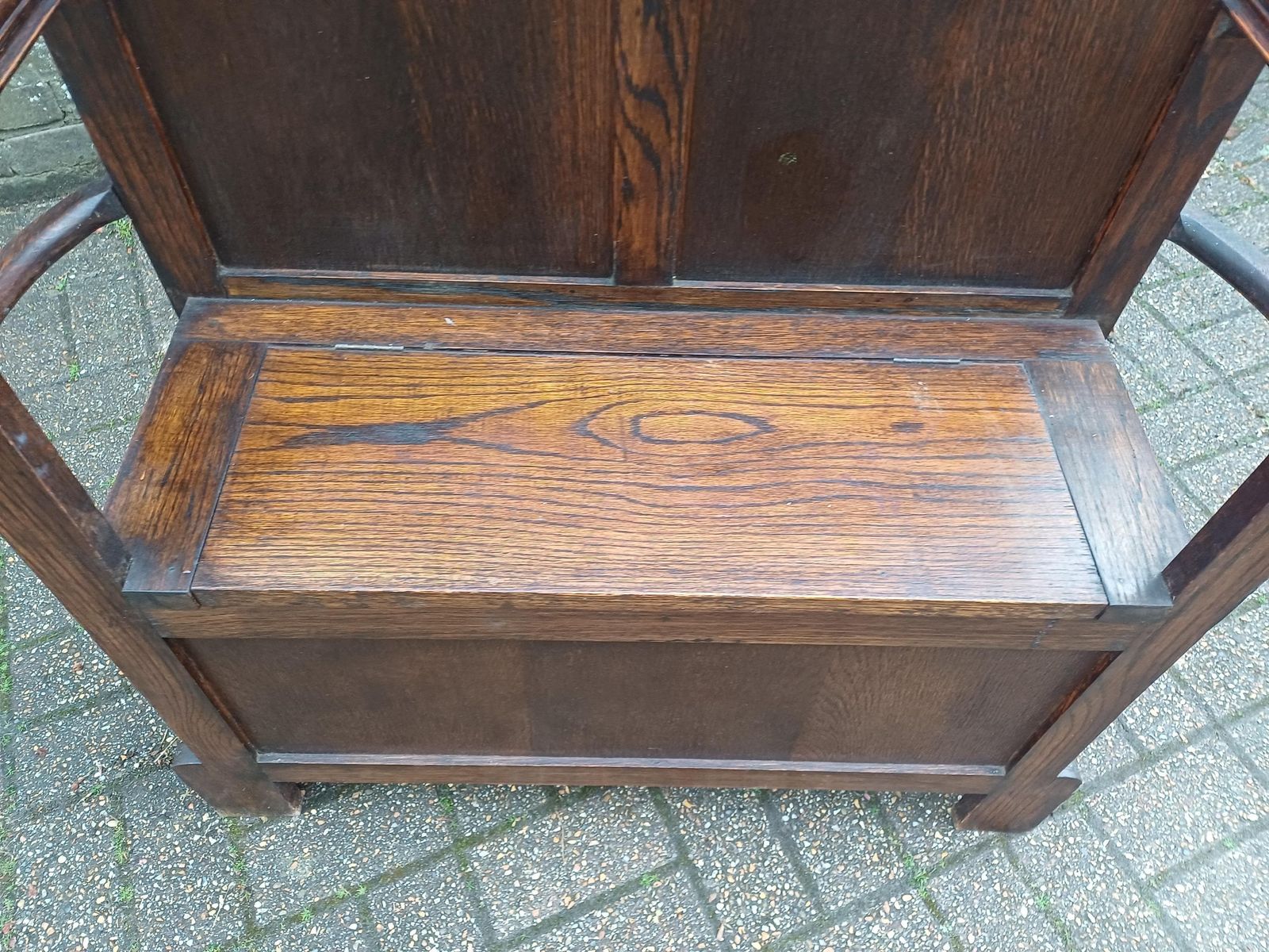 photo vintage Antique Arts And Crafts Oak Hall Stand With Storage Seat Umbrella Trays Round Mirror Liberty Style C1910 1930 Vintage Free Hand Delivery