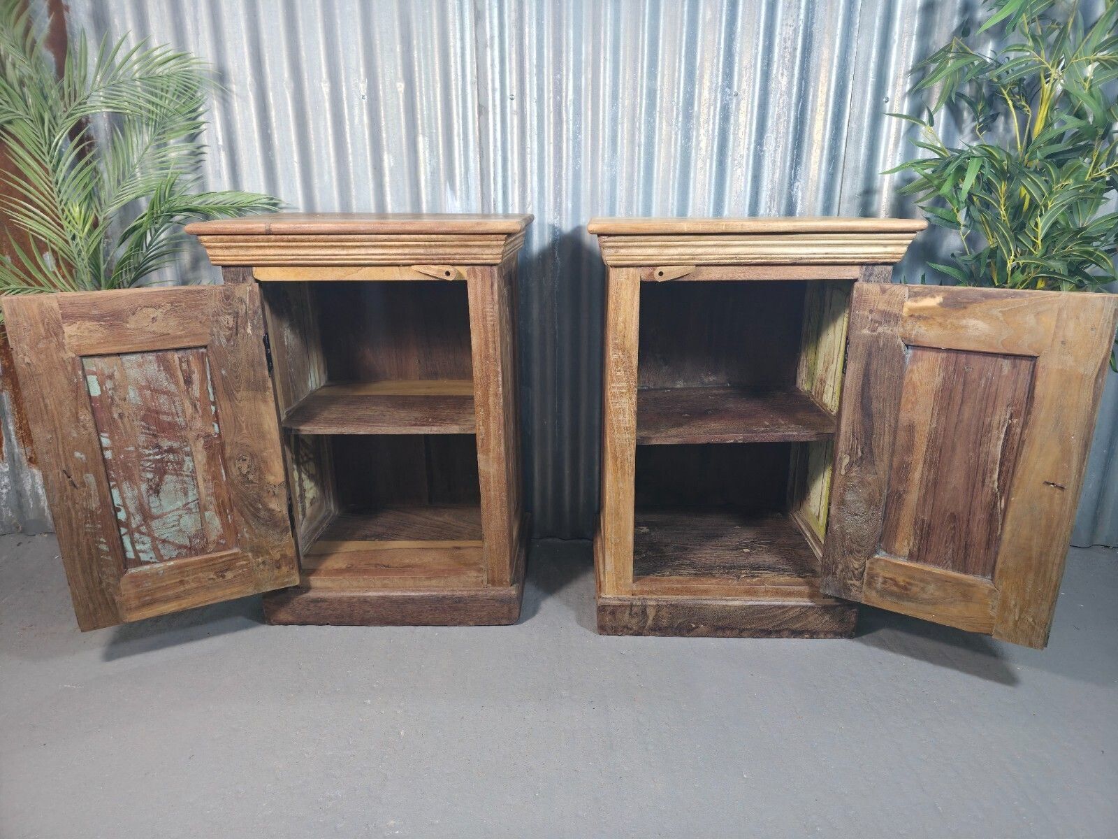 Vintage Reclaimed Pair Wooden Indian Carved Bedside Tables Cupboards Cabinets photo 345.0