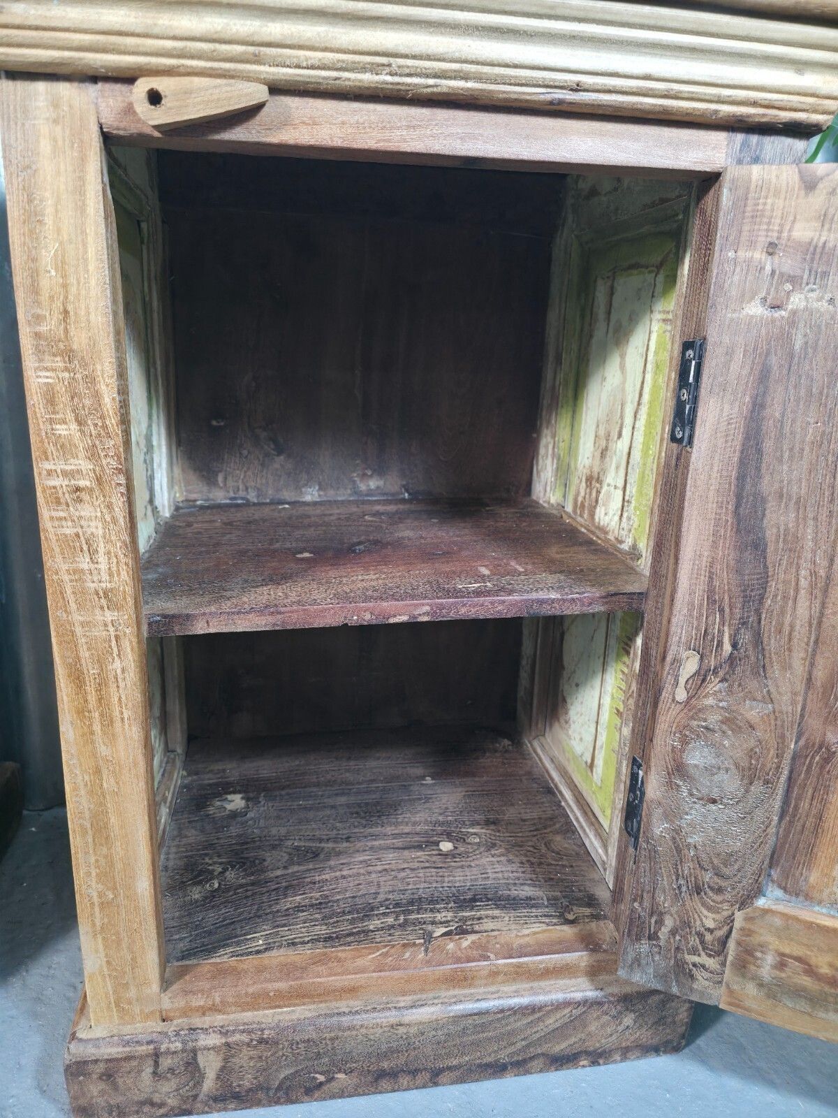 Vintage Reclaimed Pair Wooden Indian Carved Bedside Tables Cupboards Cabinets photo vinterior