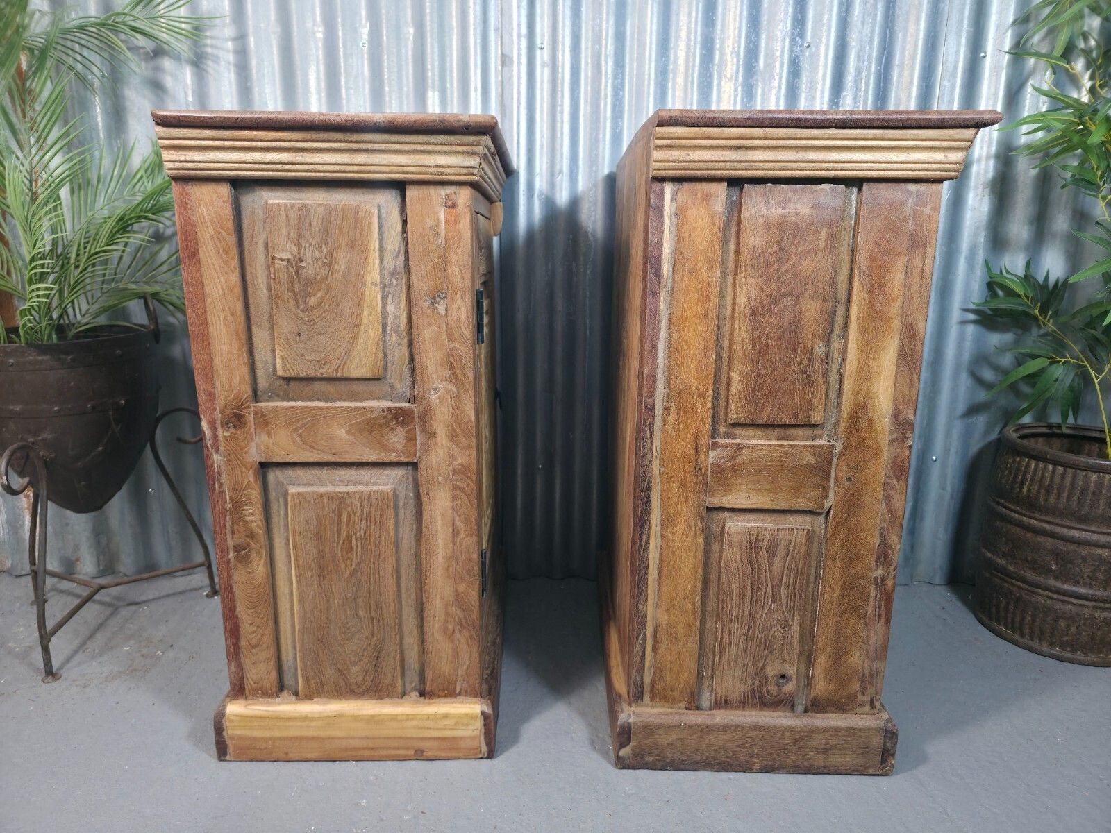 Vintage Reclaimed Pair Wooden Indian Carved Bedside Tables Cupboards Cabinets photo vinterior