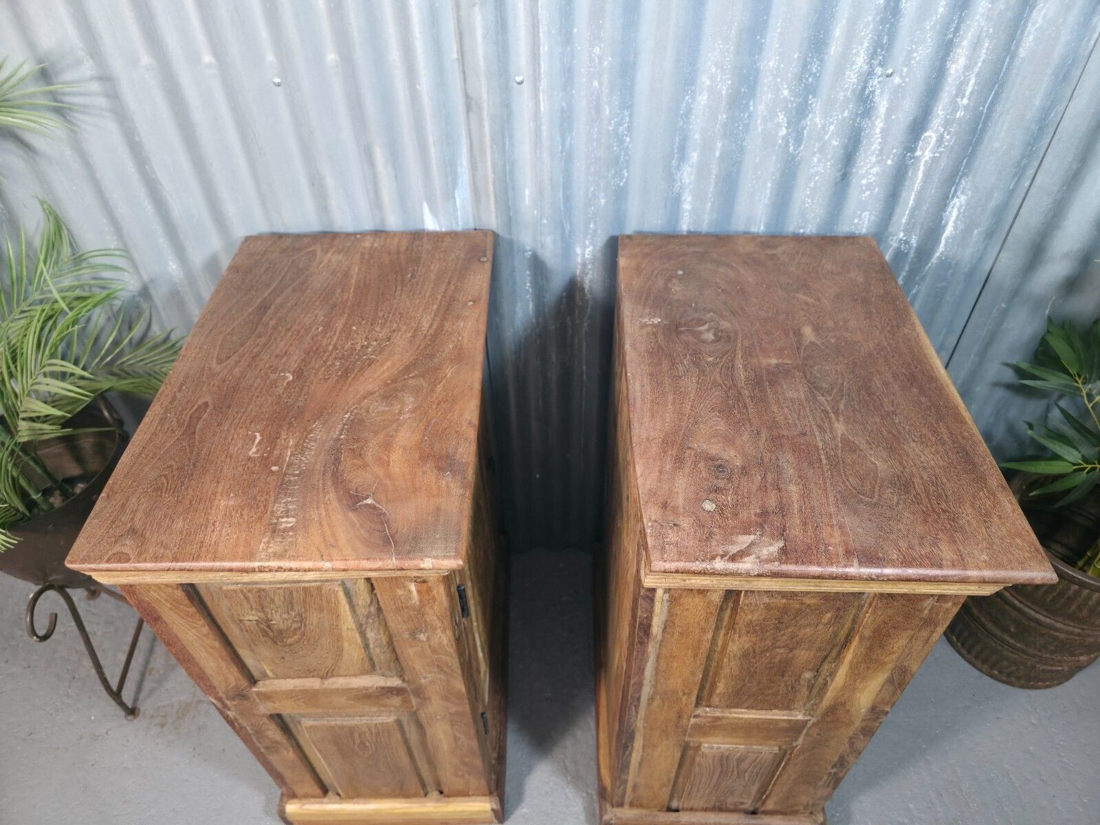 Vintage Reclaimed Pair Wooden Indian Carved Bedside Tables Cupboards Cabinets photo buy