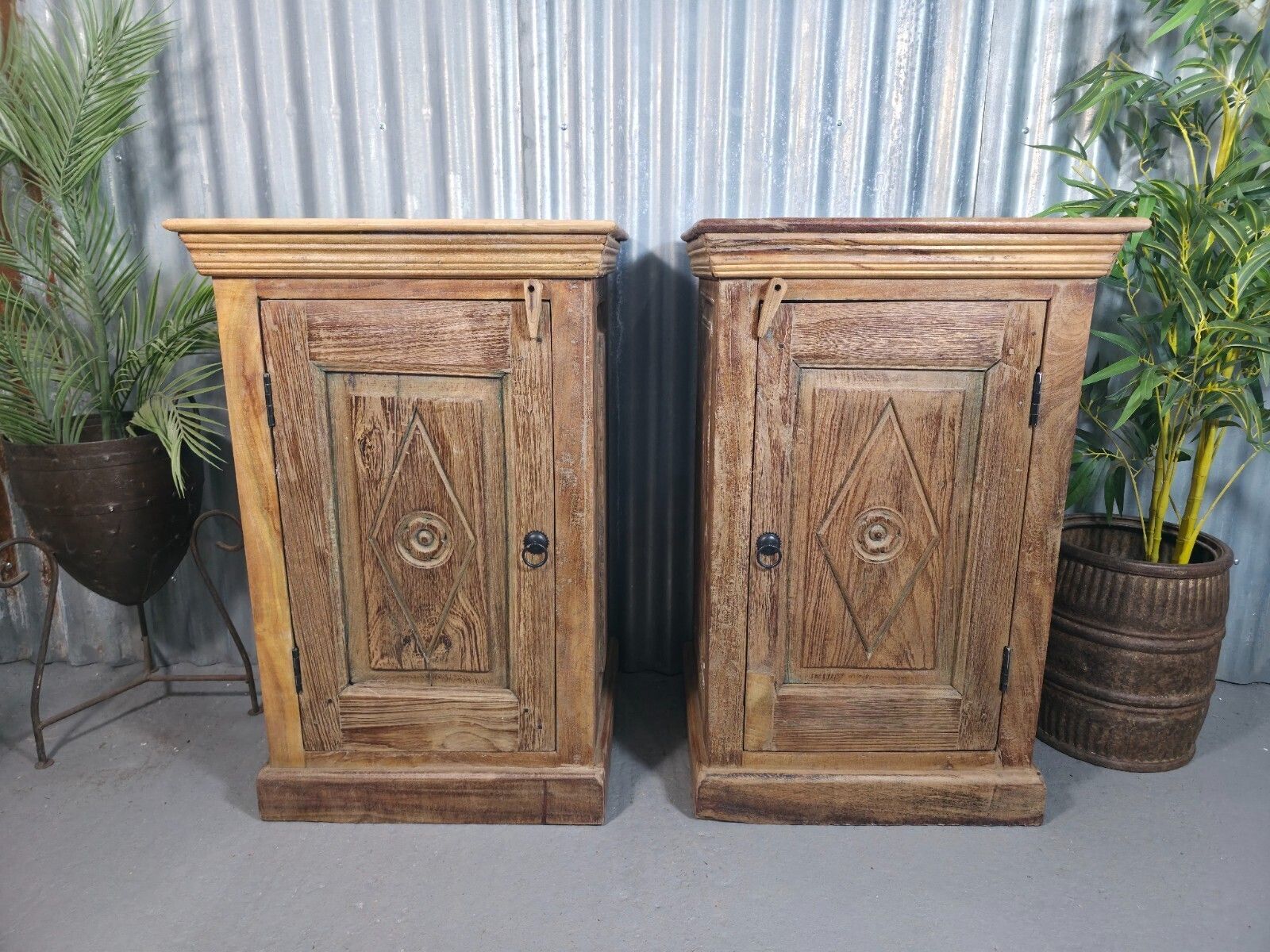 Vintage Reclaimed Pair Wooden Indian Carved Bedside Tables Cupboards Cabinets