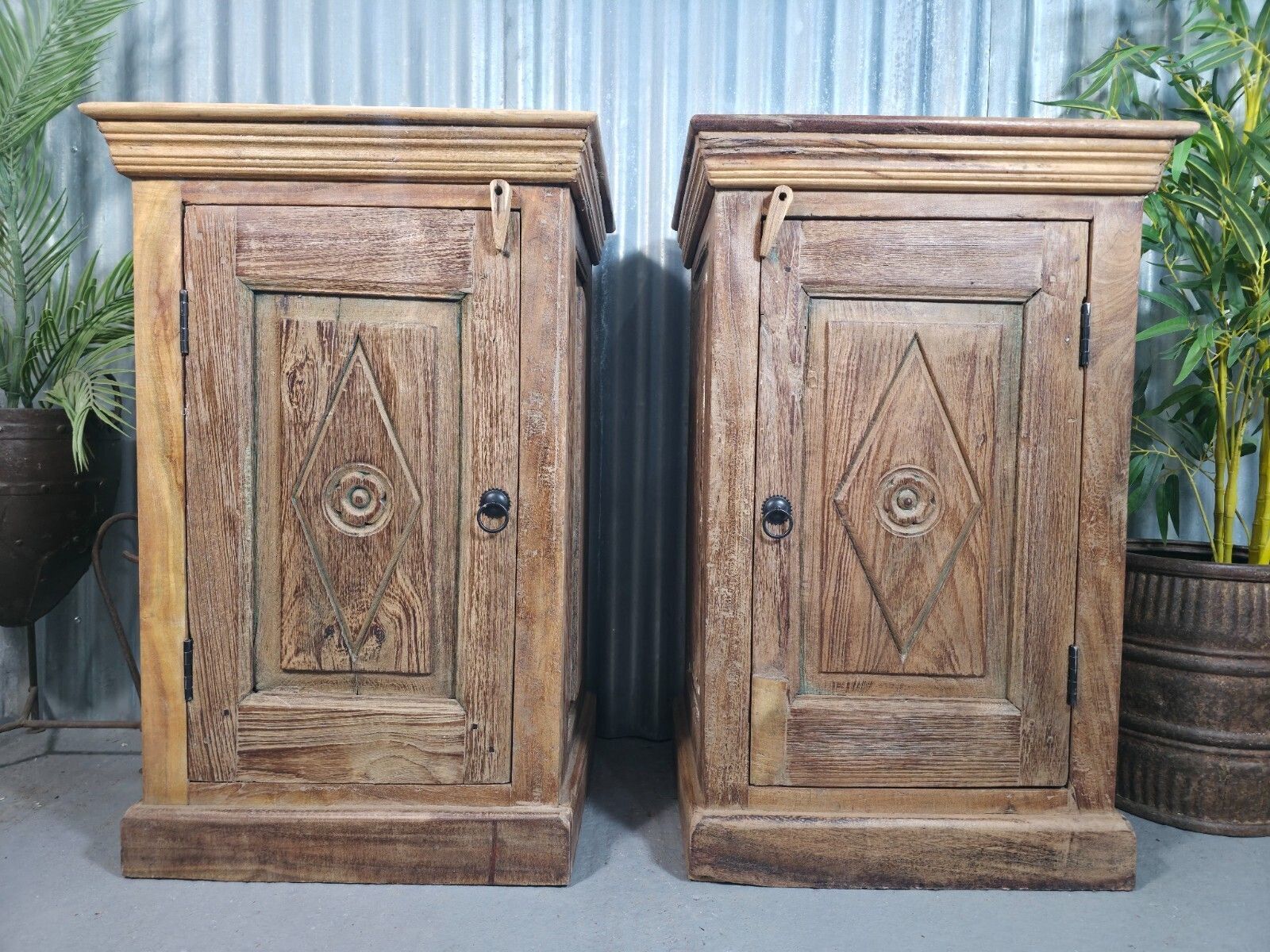 Vintage Reclaimed Pair Wooden Indian Carved Bedside Tables Cupboards Cabinets photo furniture