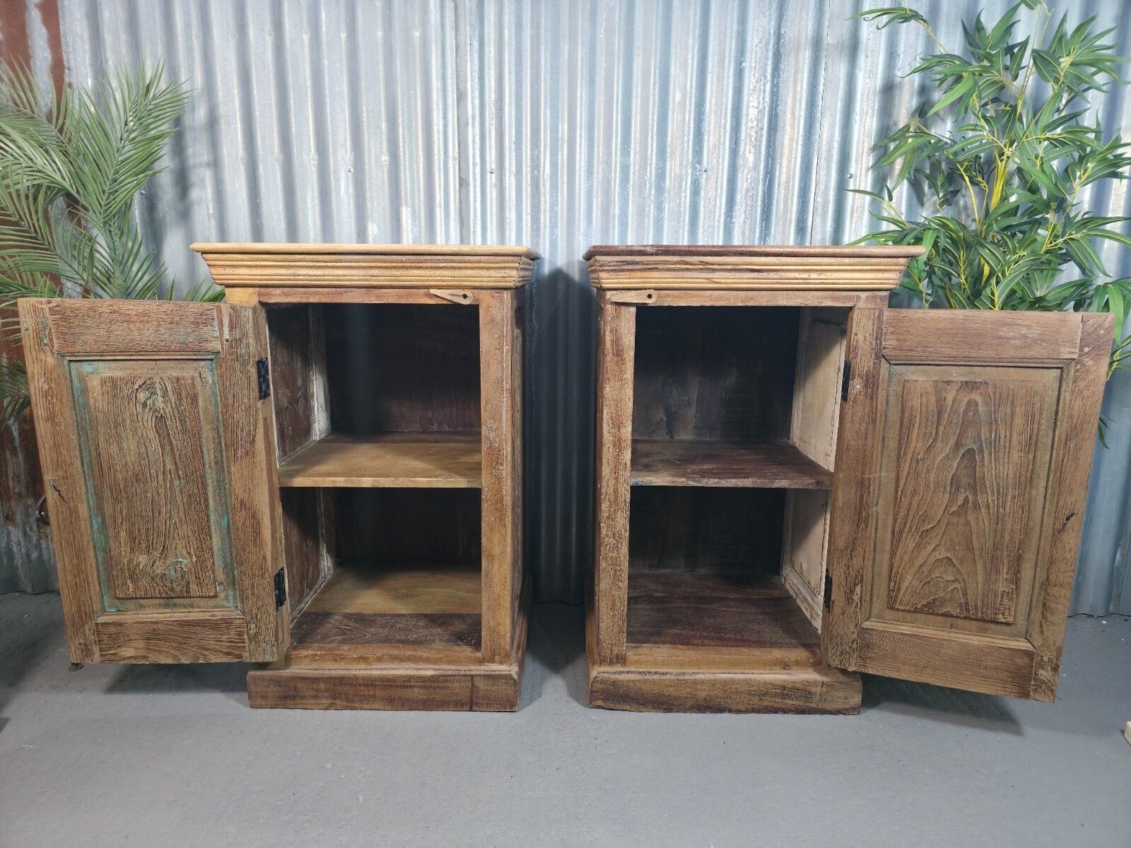Vintage Reclaimed Pair Wooden Indian Carved Bedside Tables Cupboards Cabinets photo Furniture