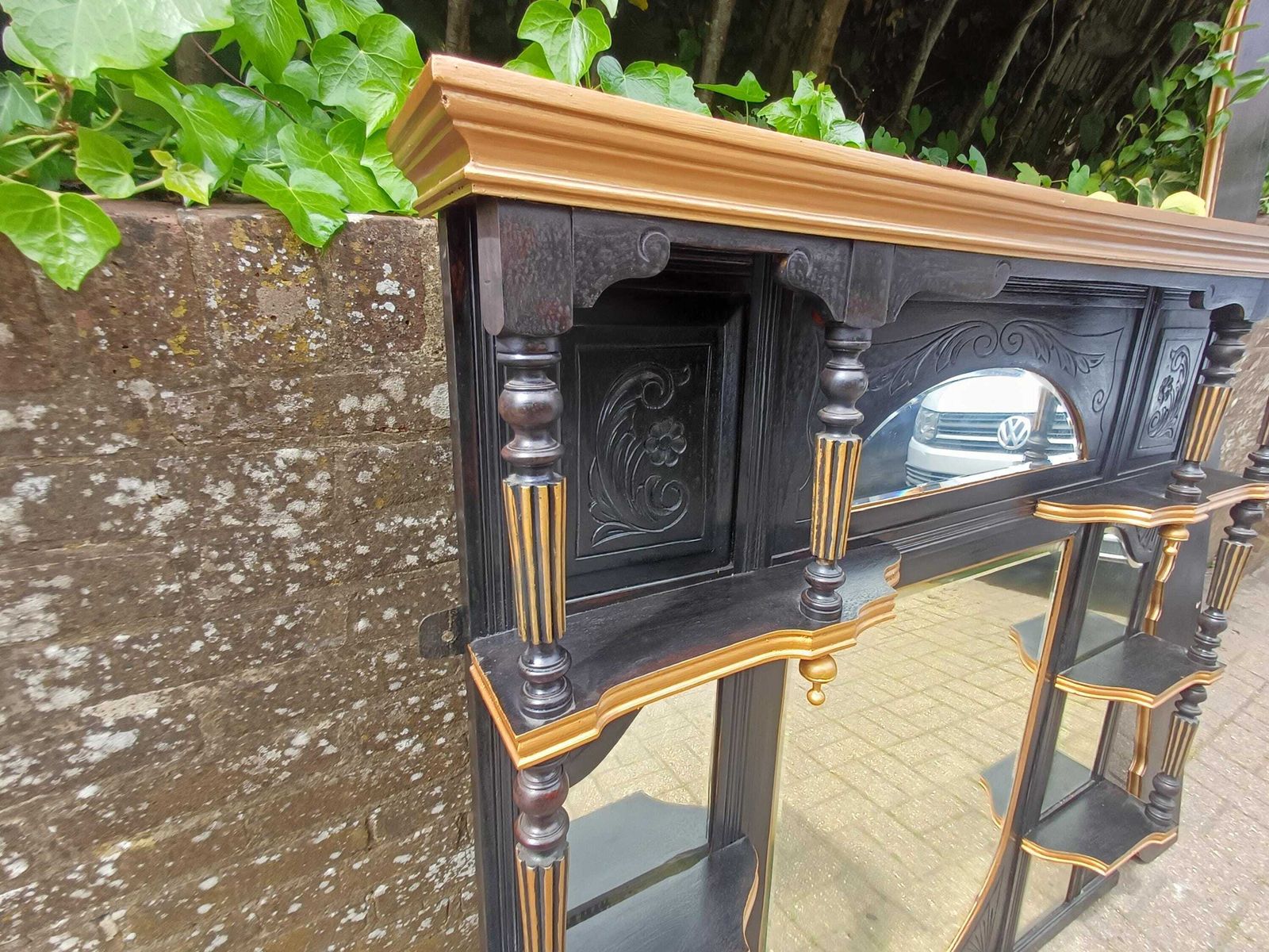 Massive Victorian Over Mantel Mirror Black Gold Painted Mahogany Walnut Shelved Antique Mirror 1890s Statement Piece Free Hand Delivery photo 795.0