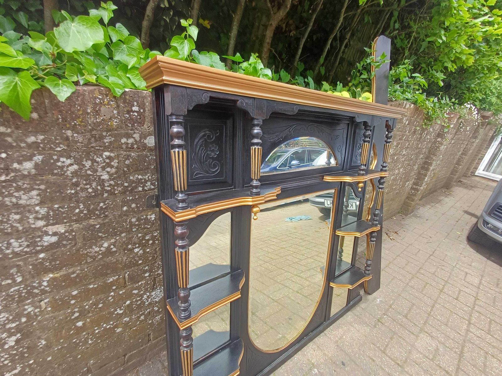 Massive Victorian Over Mantel Mirror Black Gold Painted Mahogany Walnut Shelved Antique Mirror 1890s Statement Piece Free Hand Delivery photo buy