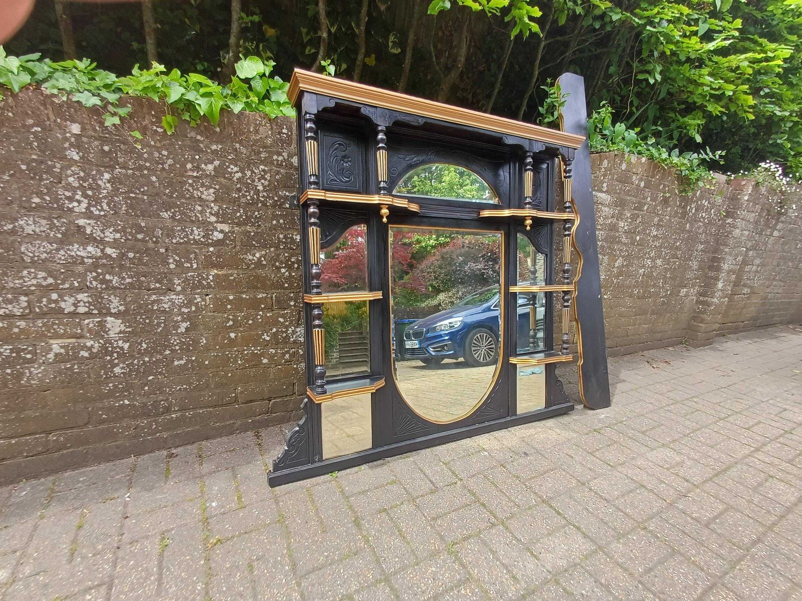 photo vinterior Massive Victorian Over Mantel Mirror Black Gold Painted Mahogany Walnut Shelved Antique Mirror 1890s Statement Piece Free Hand Delivery