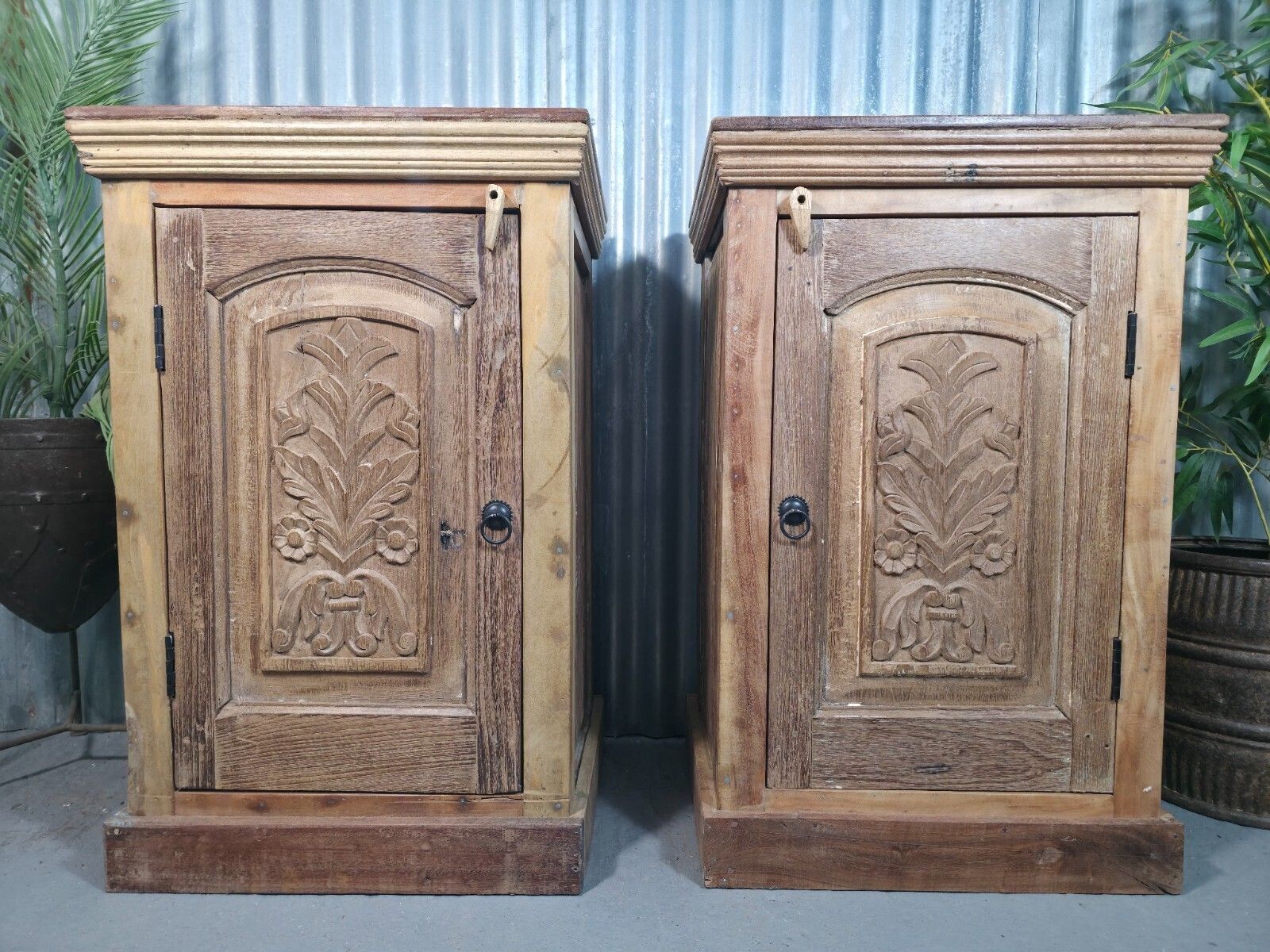 Vintage Reclaimed Pair Wooden Indian Carved Bedside Tables Cupboards Cabinets photo for sale