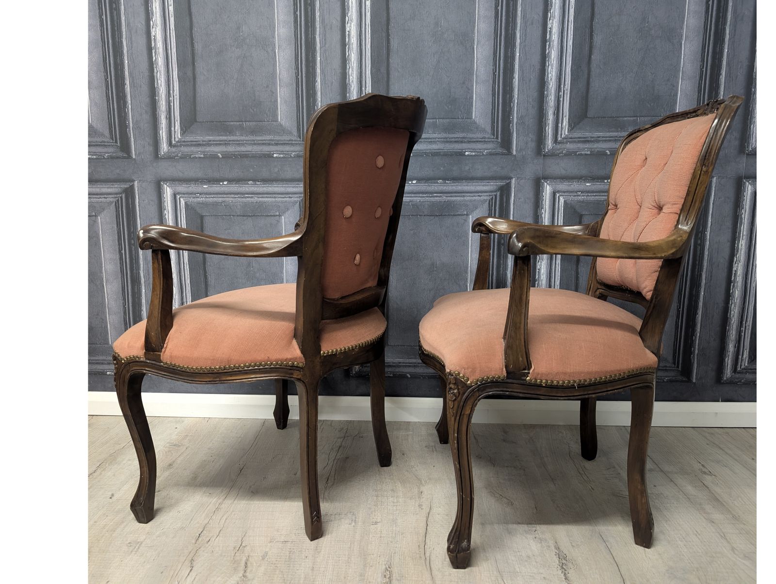 Pair Of Vintage French Louis XV Style Fauteuil Armchairs In Dusky Pink, 1970s photo vinterior