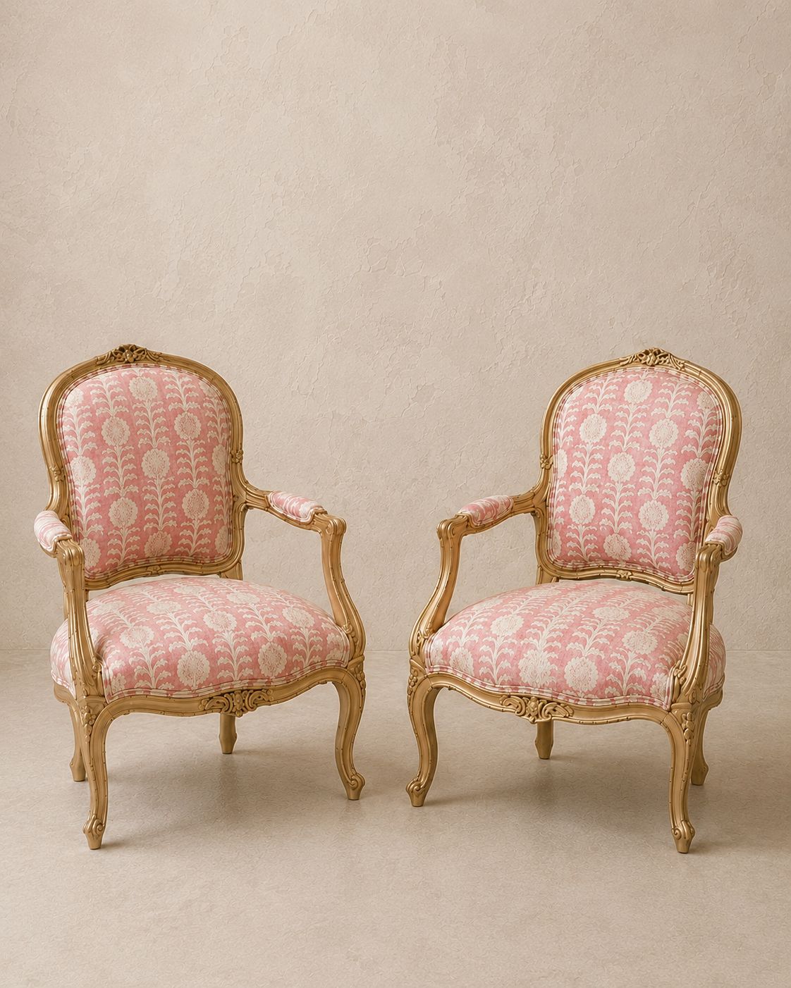 Pair Of Louis XVI Style Painted Fauteuils In Penny Morrison Killi Pink Linen