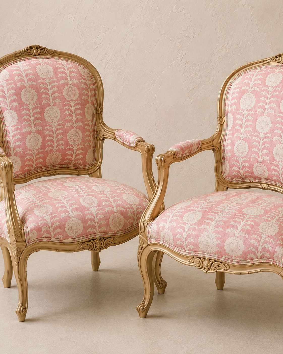 Pair Of Louis XVI Style Painted Fauteuils In Penny Morrison Killi Pink Linen photo furniture