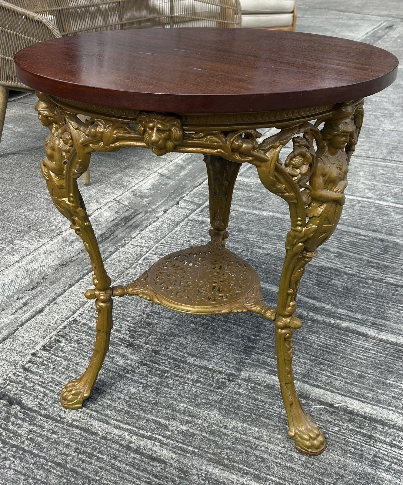 Antique Detailed Cast Iron Britannia Base Pub Tavern Table Original Gold Paint photo vintage
