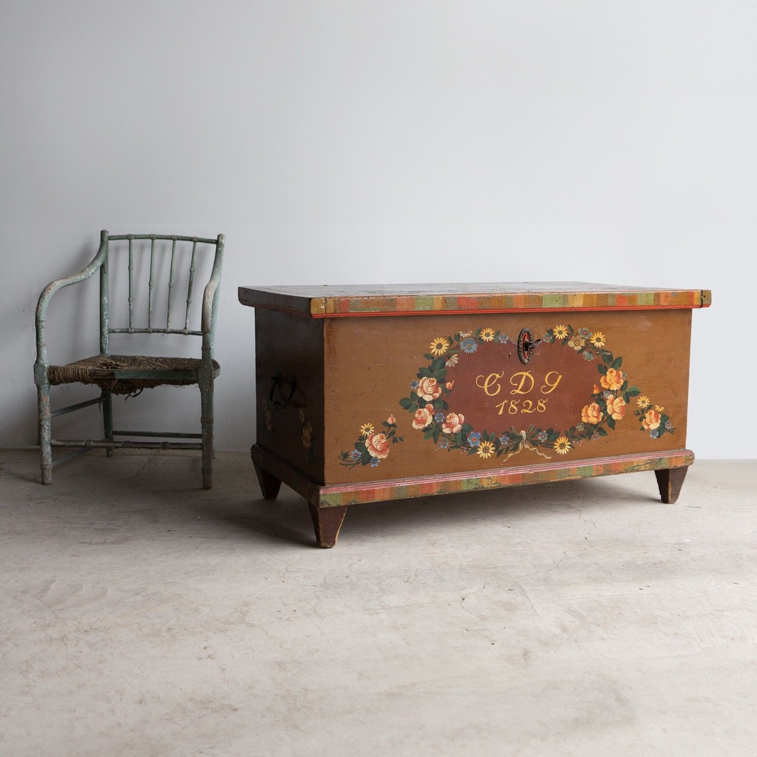 Antique Swedish Folk Art Marriage Chest Storage Box, Early 19th Century photo for sale